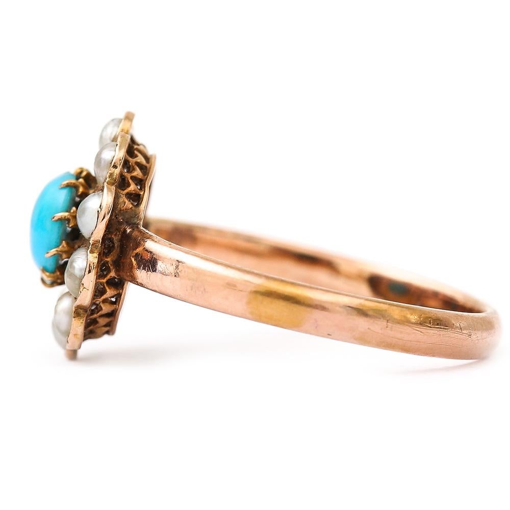 Women's Edwardian 18 Karat Rose Gold Turquoise and Pearl Cluster Ring
