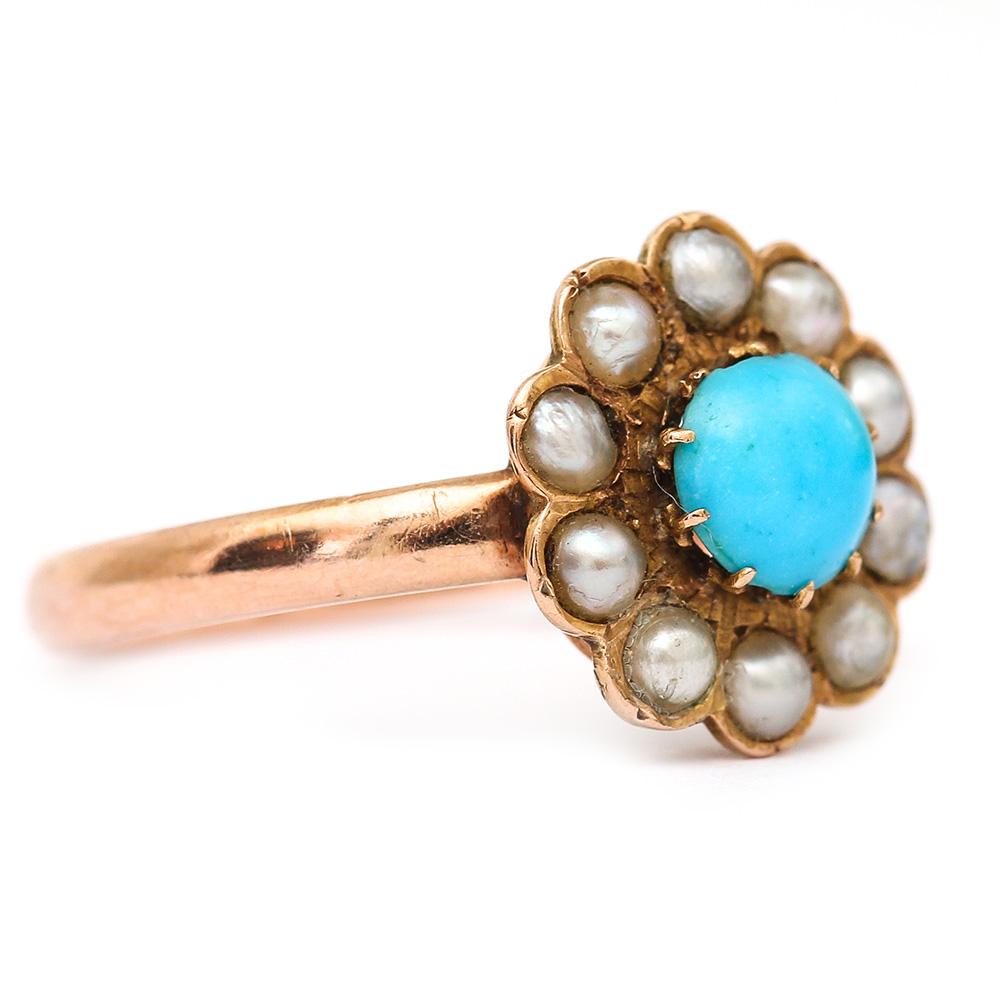 Edwardian 18 Karat Rose Gold Turquoise and Pearl Cluster Ring 1