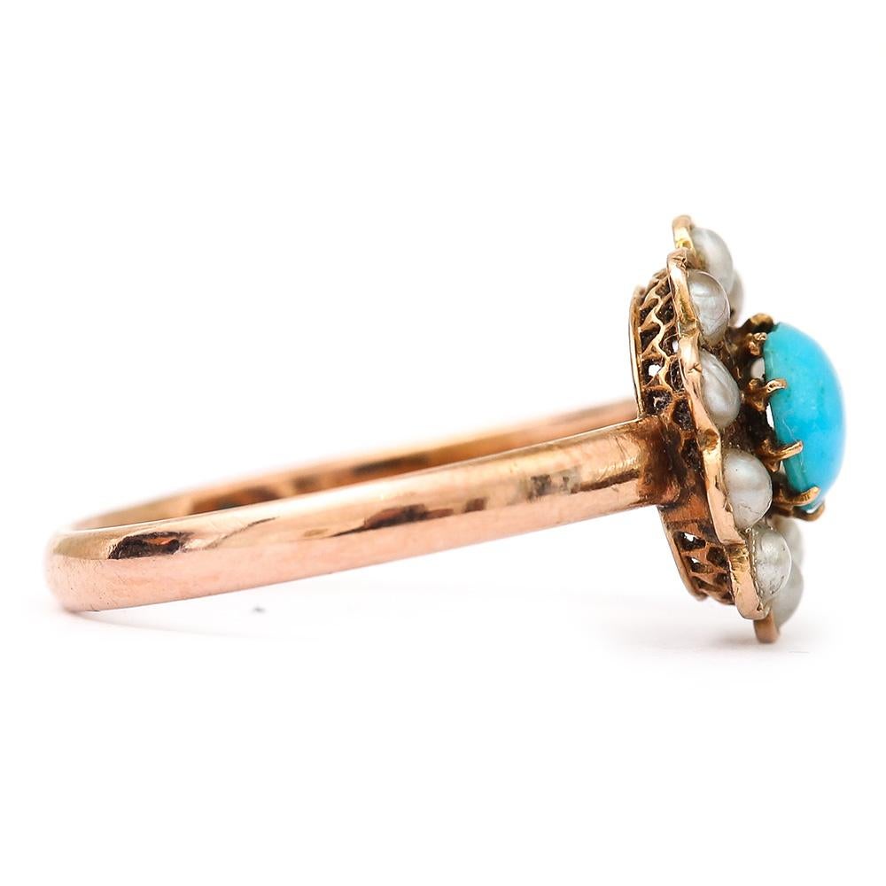 Edwardian 18 Karat Rose Gold Turquoise and Pearl Cluster Ring 2