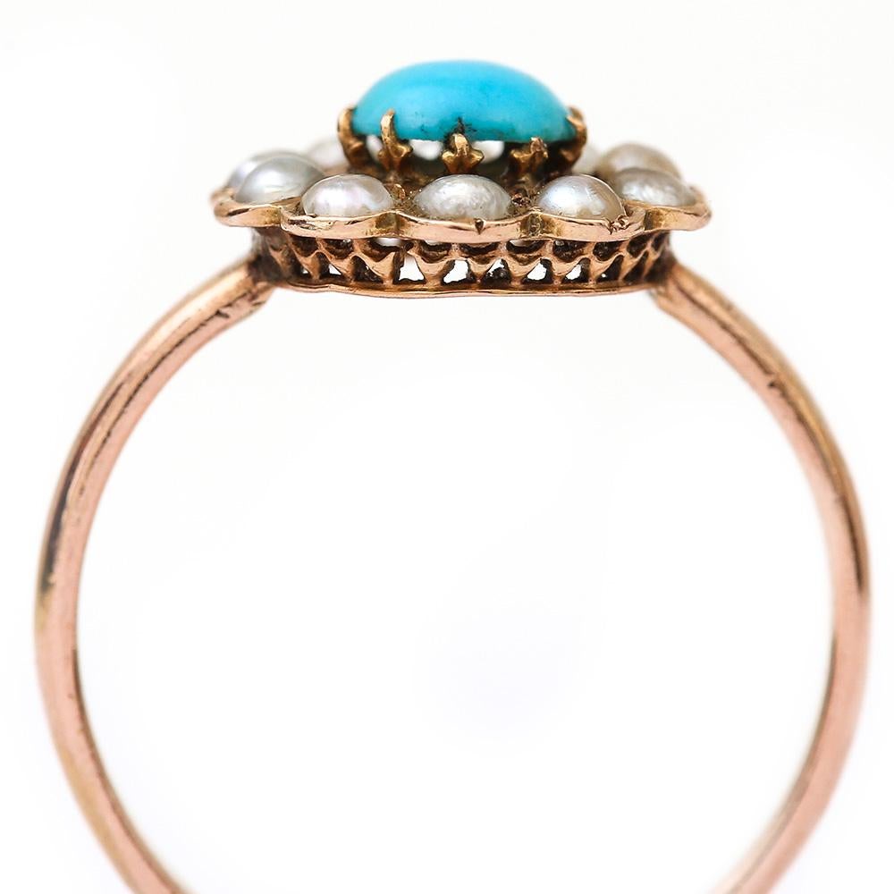 Edwardian 18 Karat Rose Gold Turquoise and Pearl Cluster Ring 3