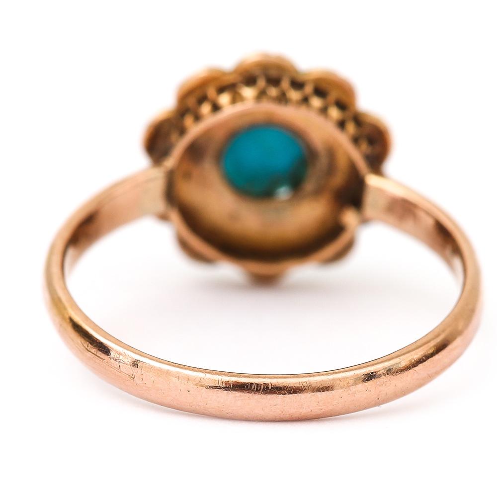 Edwardian 18 Karat Rose Gold Turquoise and Pearl Cluster Ring 4