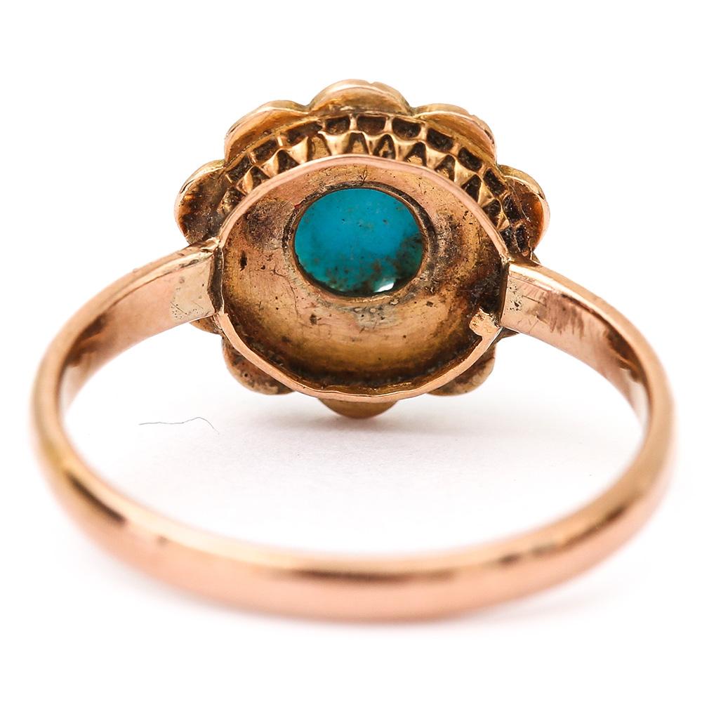 Edwardian 18 Karat Rose Gold Turquoise and Pearl Cluster Ring 5