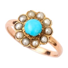 Antique Edwardian 18 Karat Rose Gold Turquoise and Pearl Cluster Ring