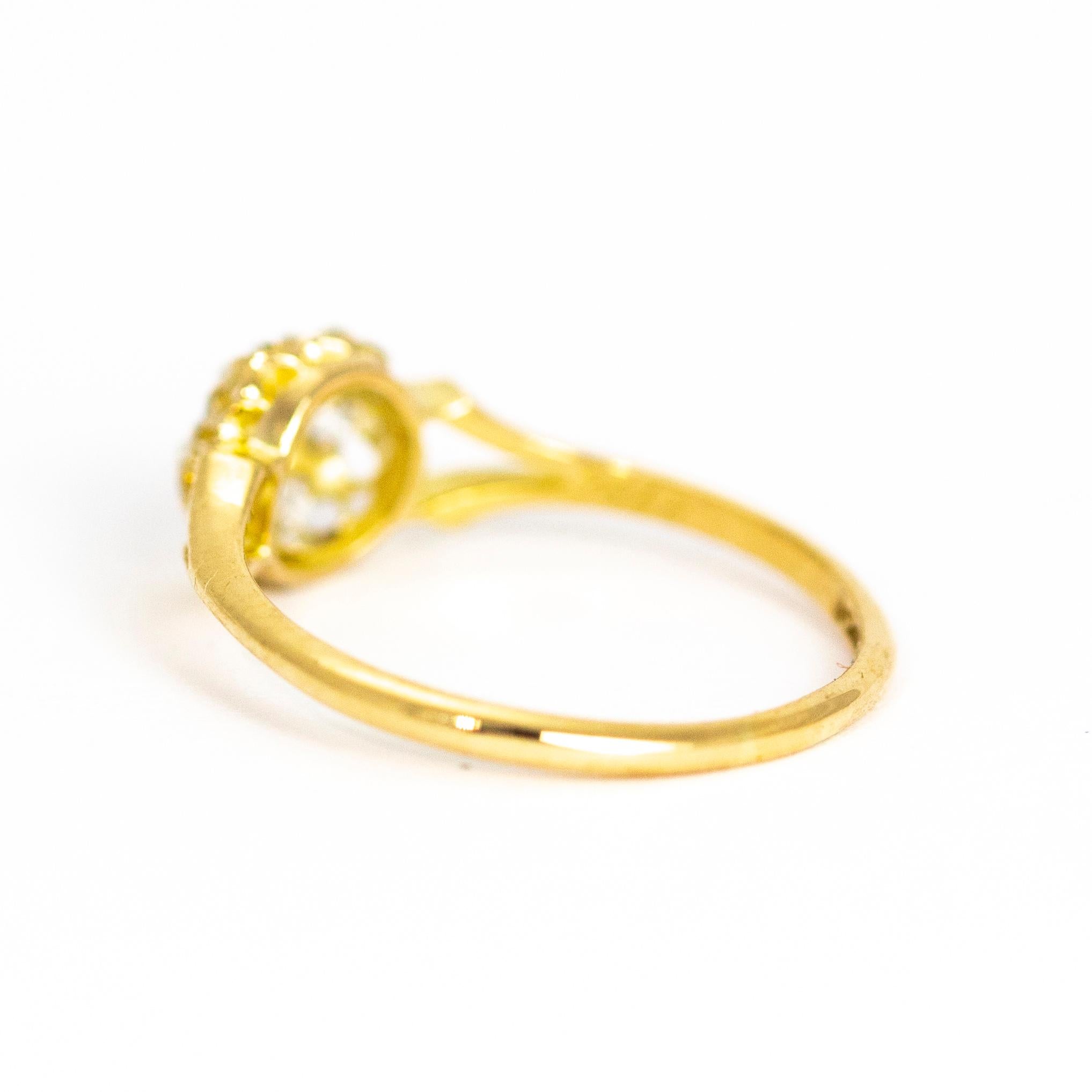 Old European Cut Edwardian 18 Karat Yellow Gold Diamond Daisy Cluster Ring