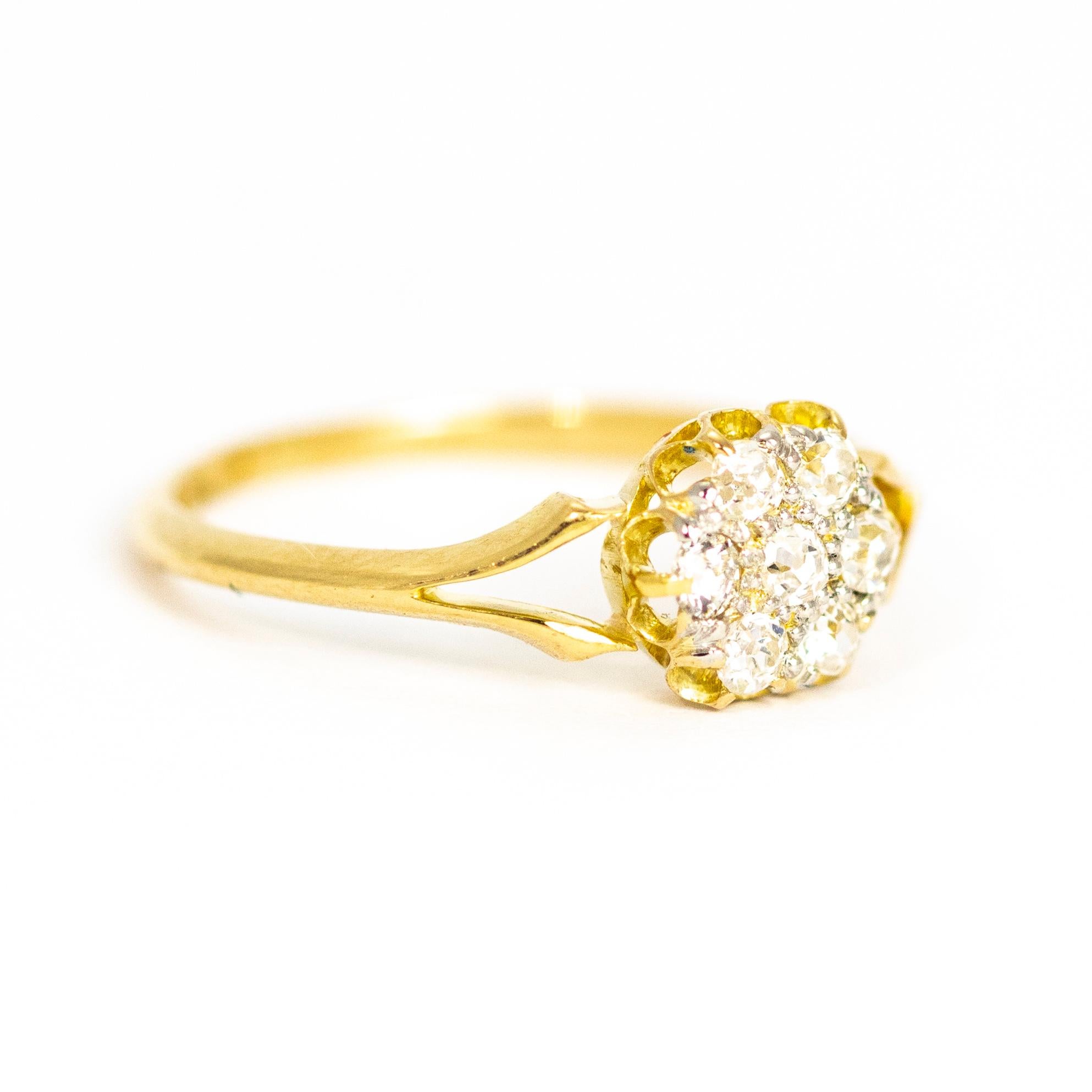 Edwardian 18 Karat Yellow Gold Diamond Daisy Cluster Ring 1