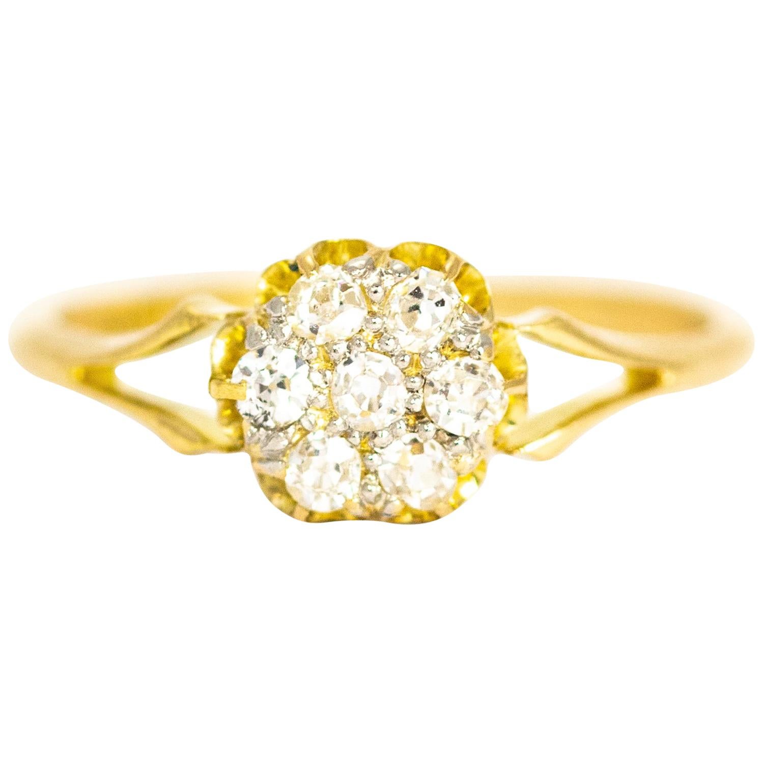 Edwardian 18 Karat Yellow Gold Diamond Daisy Cluster Ring