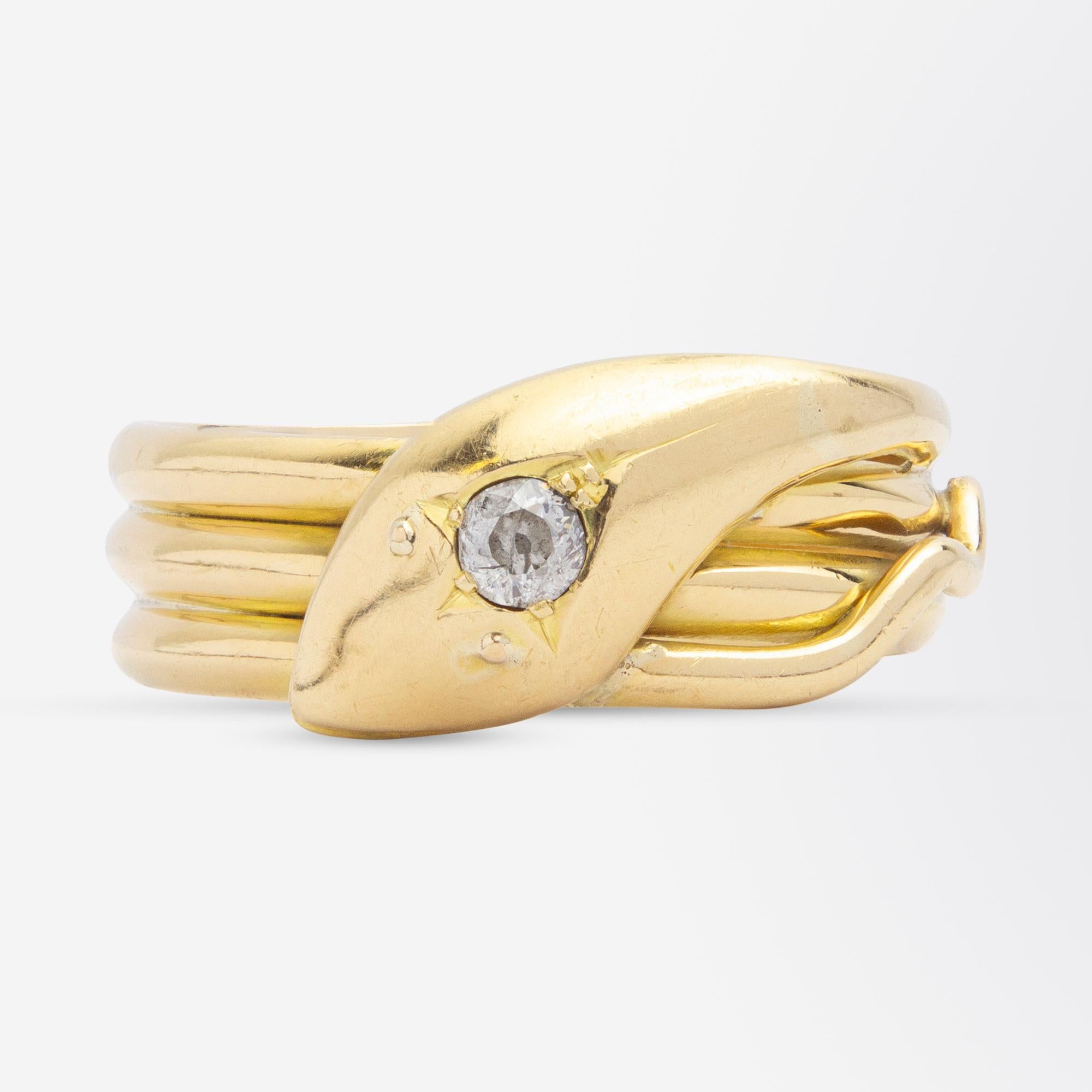 Old European Cut Edwardian 18 Karat Yellow Gold & Diamond Serpent Ring For Sale