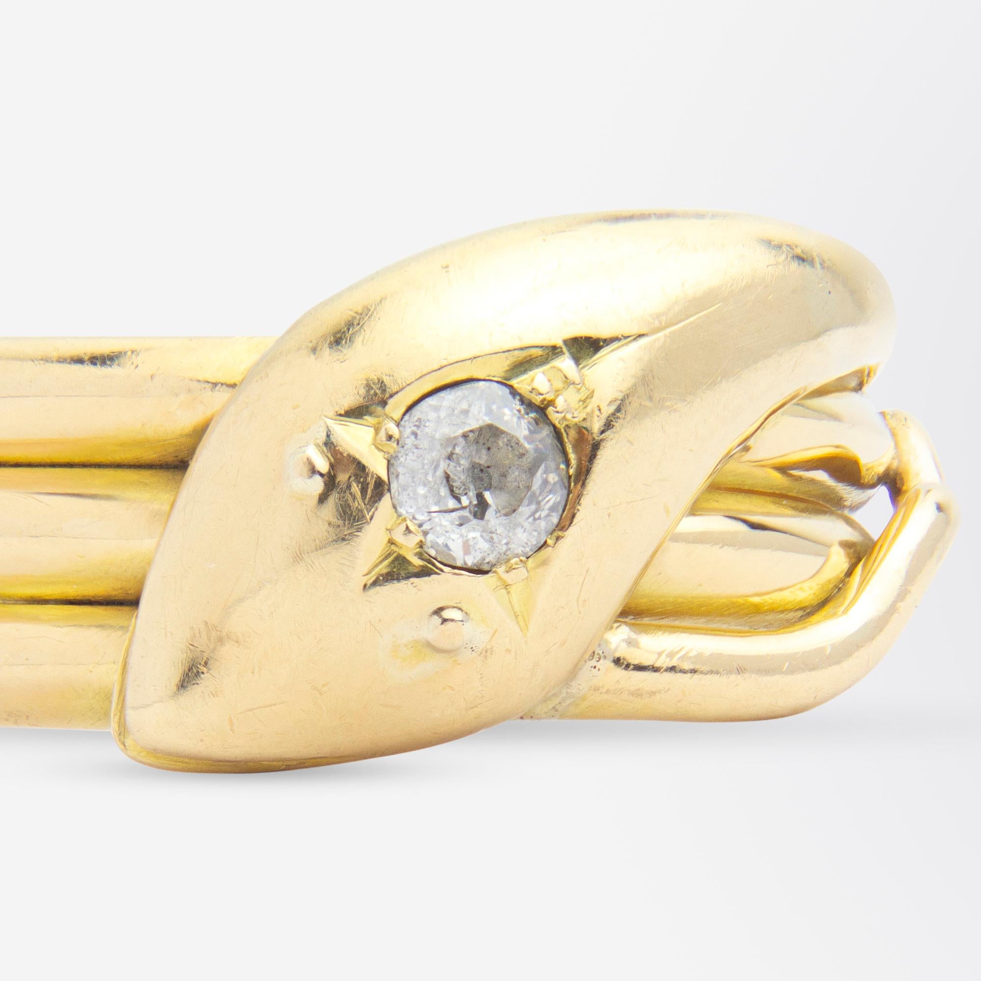 Edwardian 18 Karat Yellow Gold & Diamond Serpent Ring For Sale 1