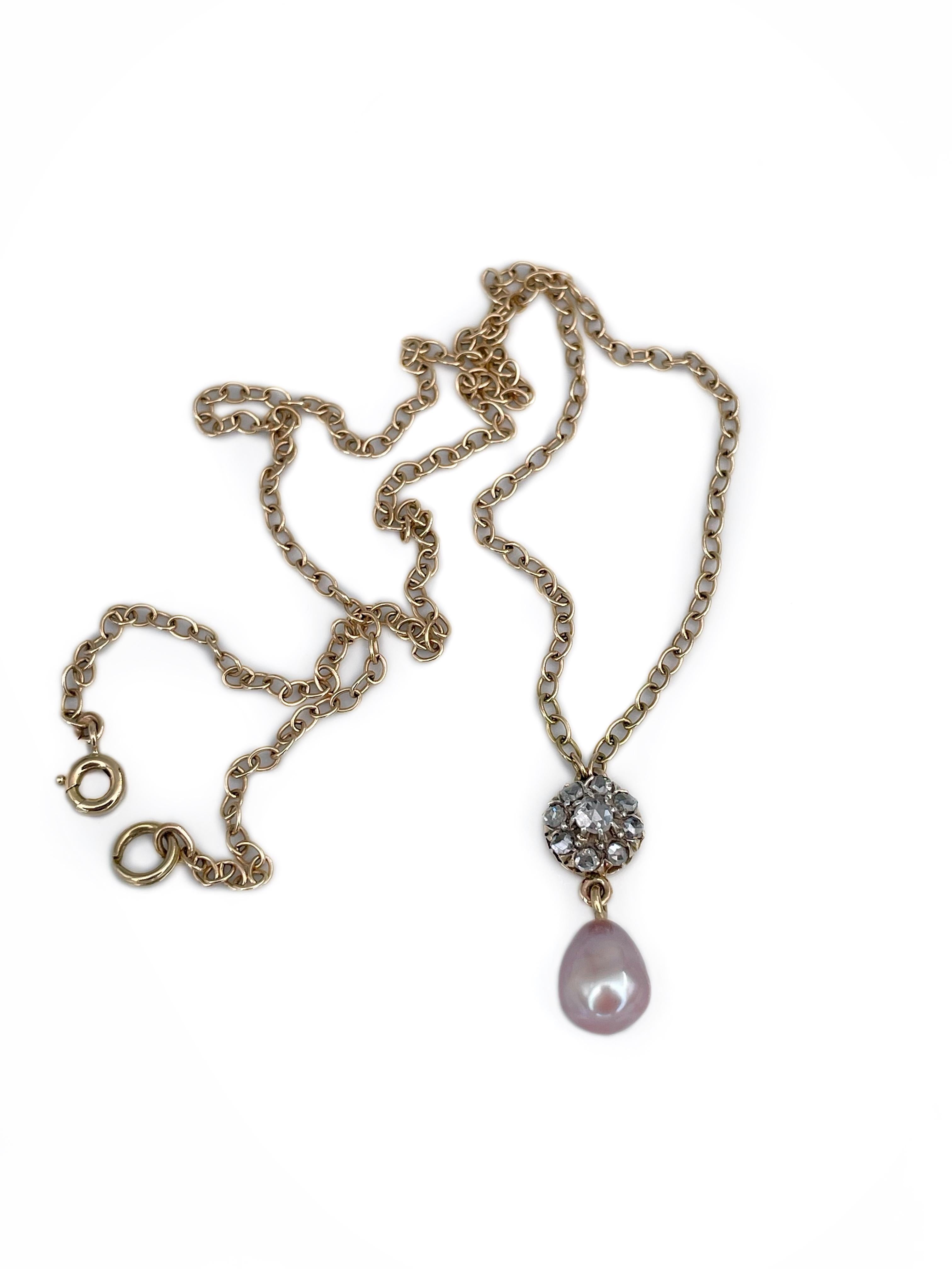 This is an Edwardian pendant necklace with a chain crafted in 18K yellow gold. Circa 1910. 

The piece features:
- 1 creamy cultured pearl
- 9 rose cut diamonds

Weight: 6.00g
Pendant length: 2.2cm
Chain length: 46.5cm 

———

If you have any