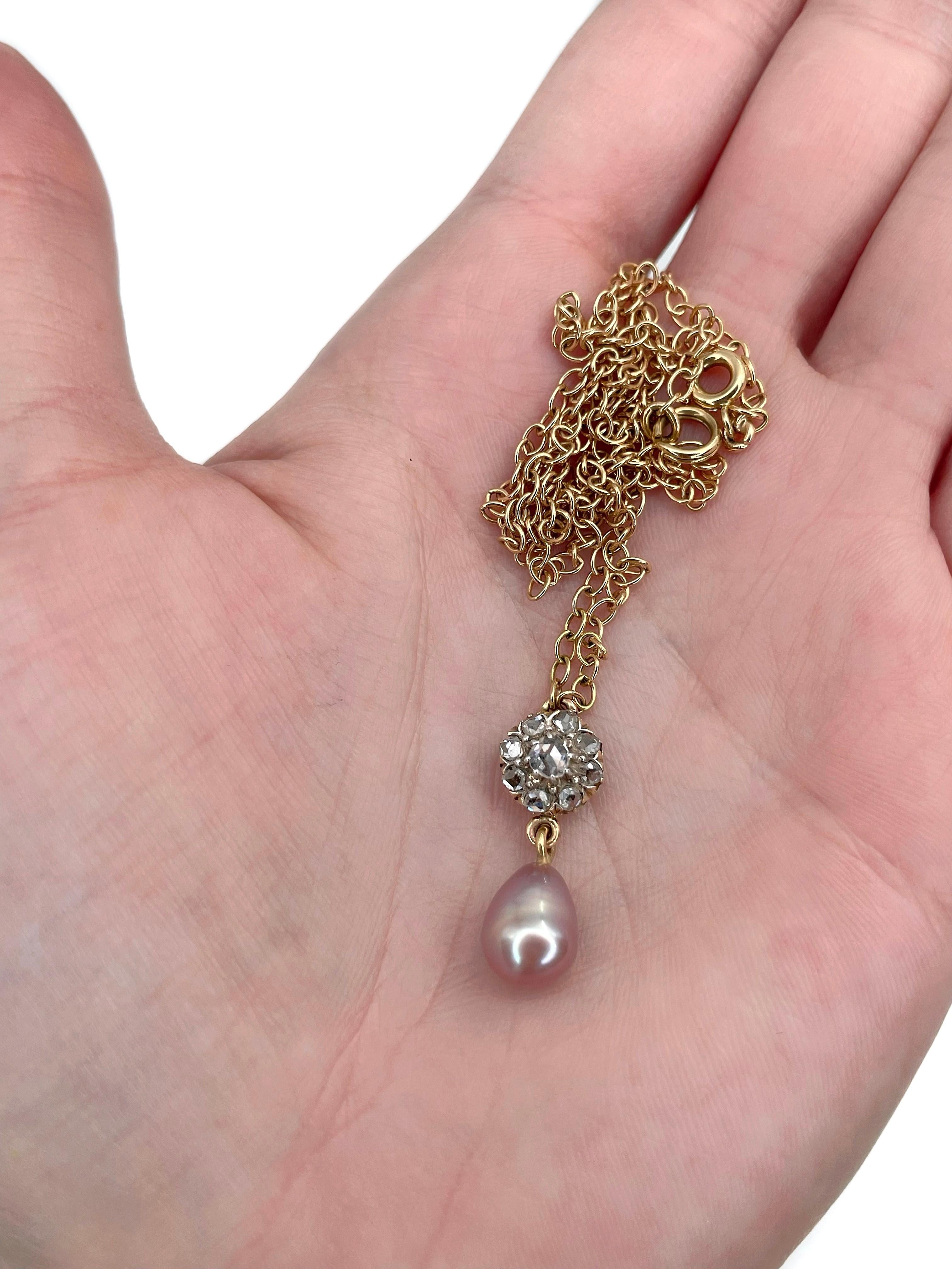 Mixed Cut Edwardian 18 Karat Yellow Gold Pearl Rose Cut Diamond Pendant Chain Necklace For Sale