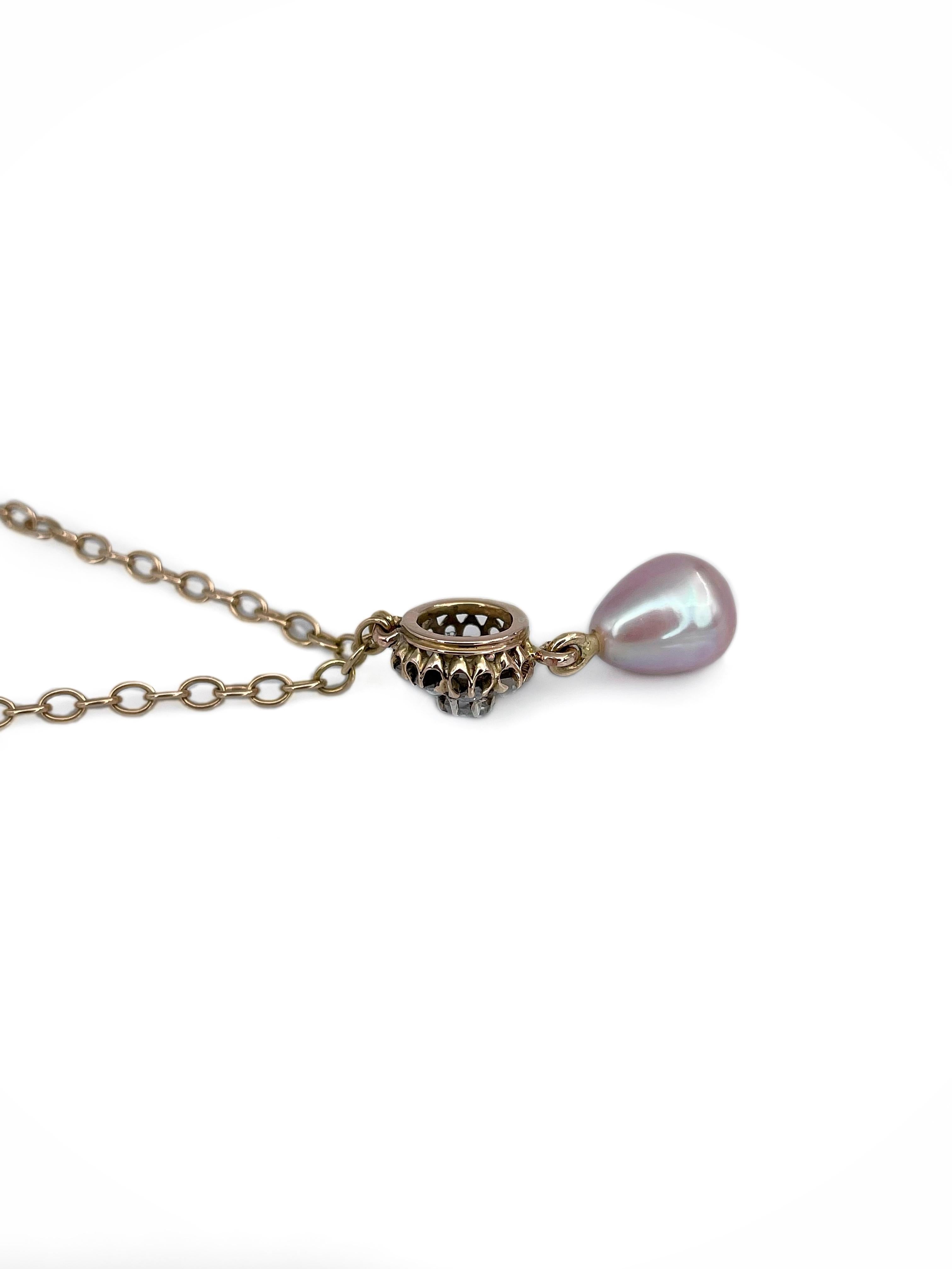 Edwardian 18 Karat Yellow Gold Pearl Rose Cut Diamond Pendant Chain Necklace In Good Condition For Sale In Vilnius, LT