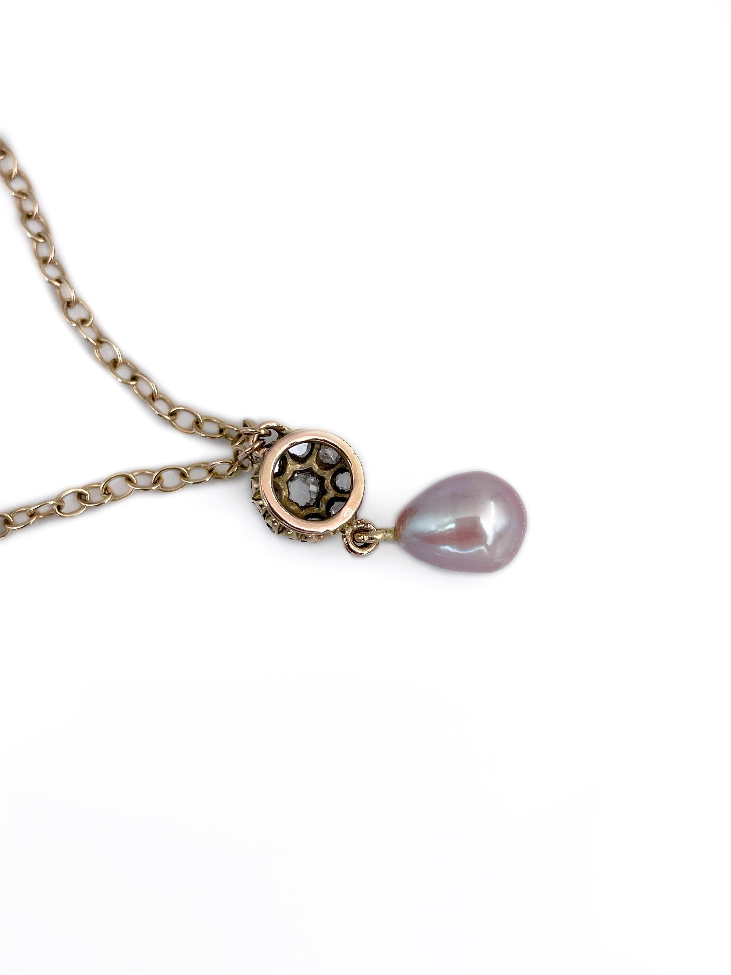Women's Edwardian 18 Karat Yellow Gold Pearl Rose Cut Diamond Pendant Chain Necklace For Sale