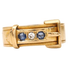 Edwardian 18 Karat Yellow Gold Sapphire and Diamond Buckle Ring, circa 1905
