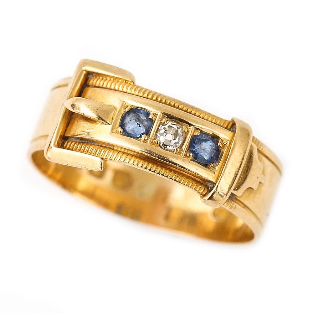Edwardian 18 Karat Yellow Gold Sapphire and Diamond Buckle Ring, circa 1905 5