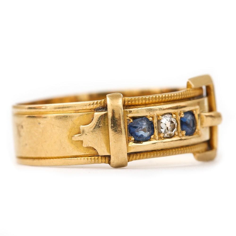 Round Cut Edwardian 18 Karat Yellow Gold Sapphire and Diamond Buckle Ring, circa 1905