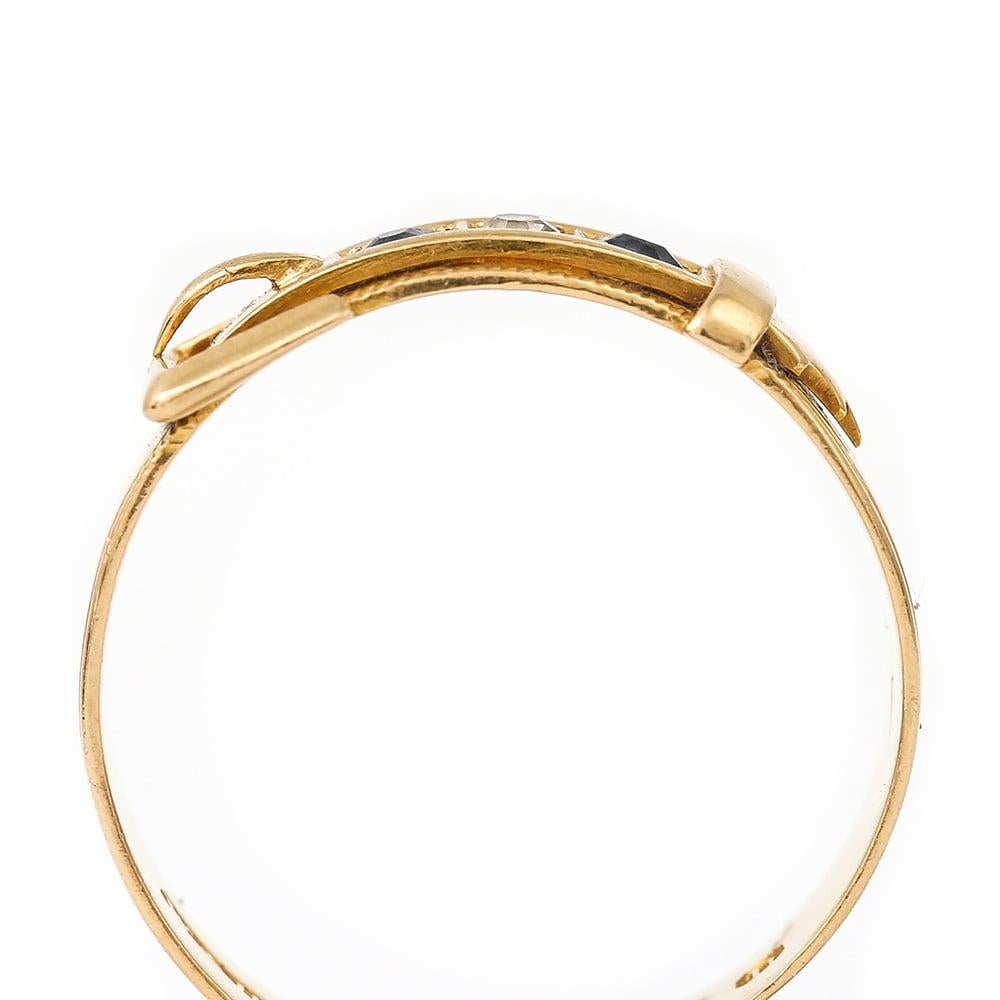 Edwardian 18 Karat Yellow Gold Sapphire and Diamond Buckle Ring, circa 1905 In Good Condition In Lancashire, Oldham