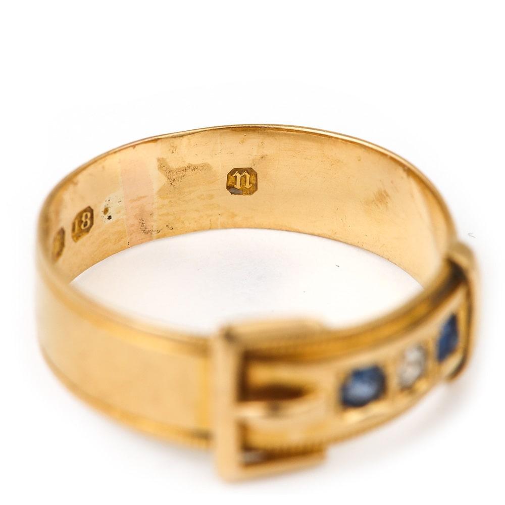 Edwardian 18 Karat Yellow Gold Sapphire and Diamond Buckle Ring, circa 1905 3