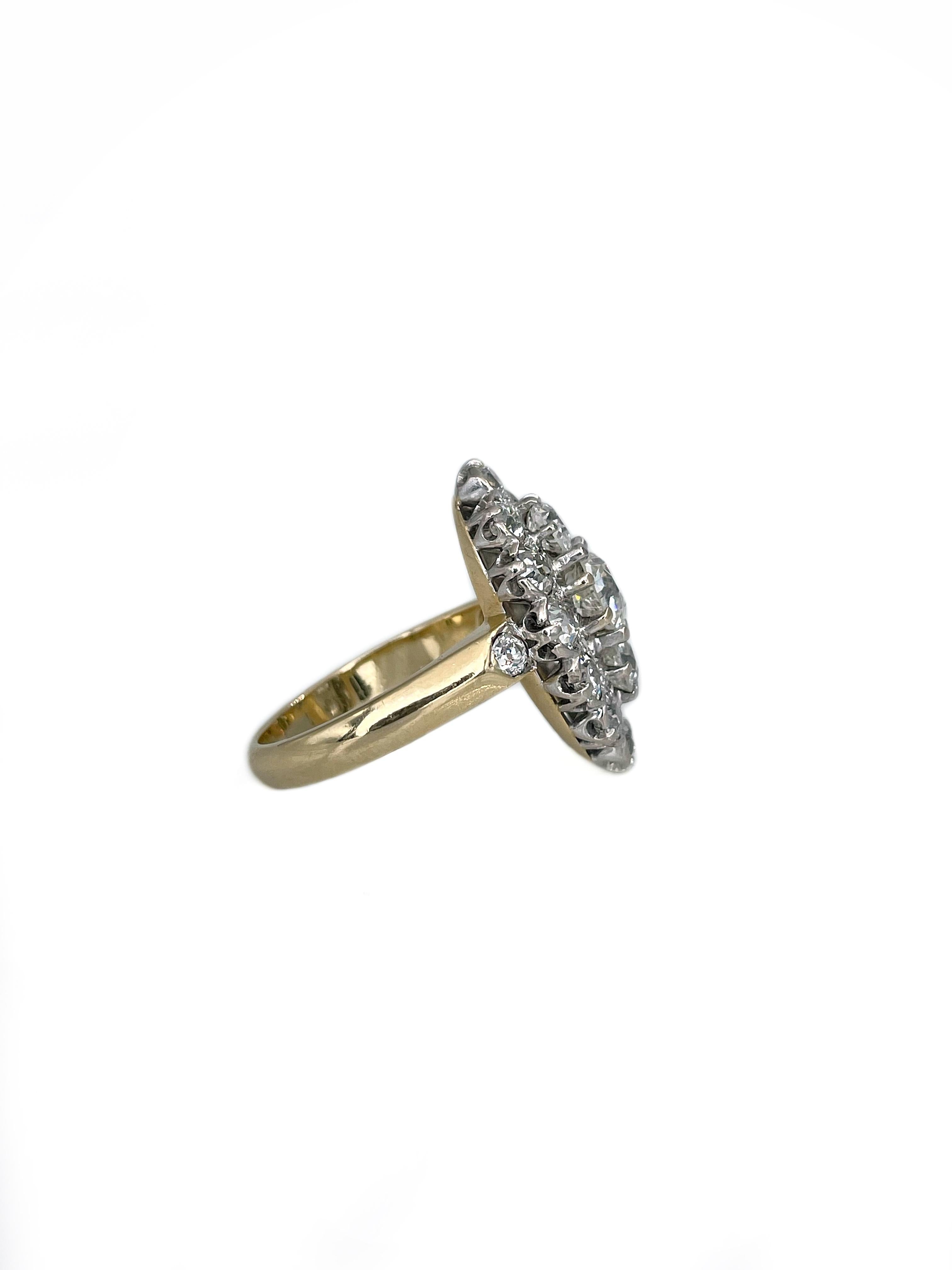 Round Cut Edwardian 18 Karat Yellow Gold TW 3.95 Carat VS Diamond Navette Ring For Sale