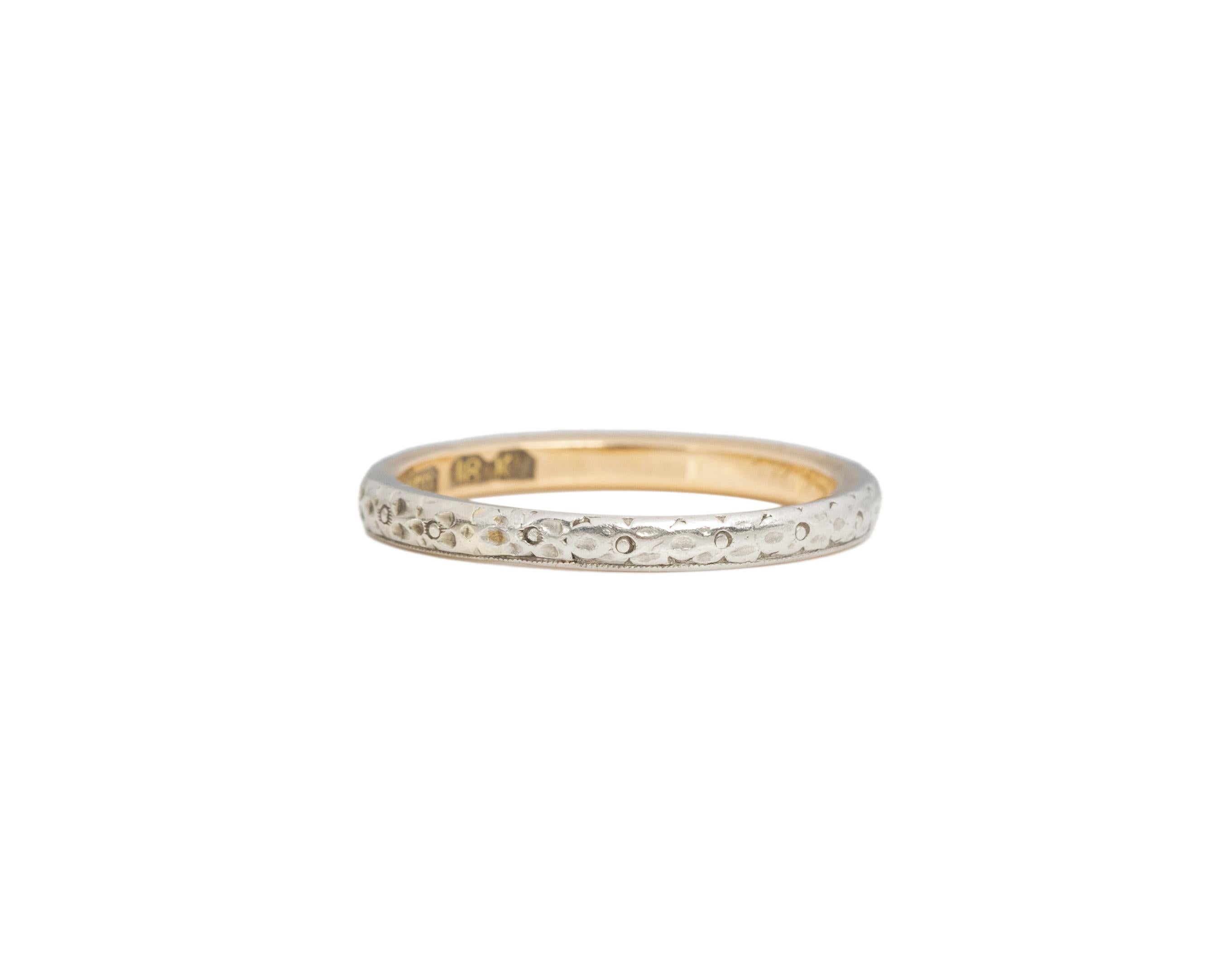 Ring Size: 8.5
Metal Type: 18K Yellow Gold and Platinum [Hallmarked, and Tested]
Weight: 3.9grams

Shank/Band Width: 2.5mm
Condition: Excellent