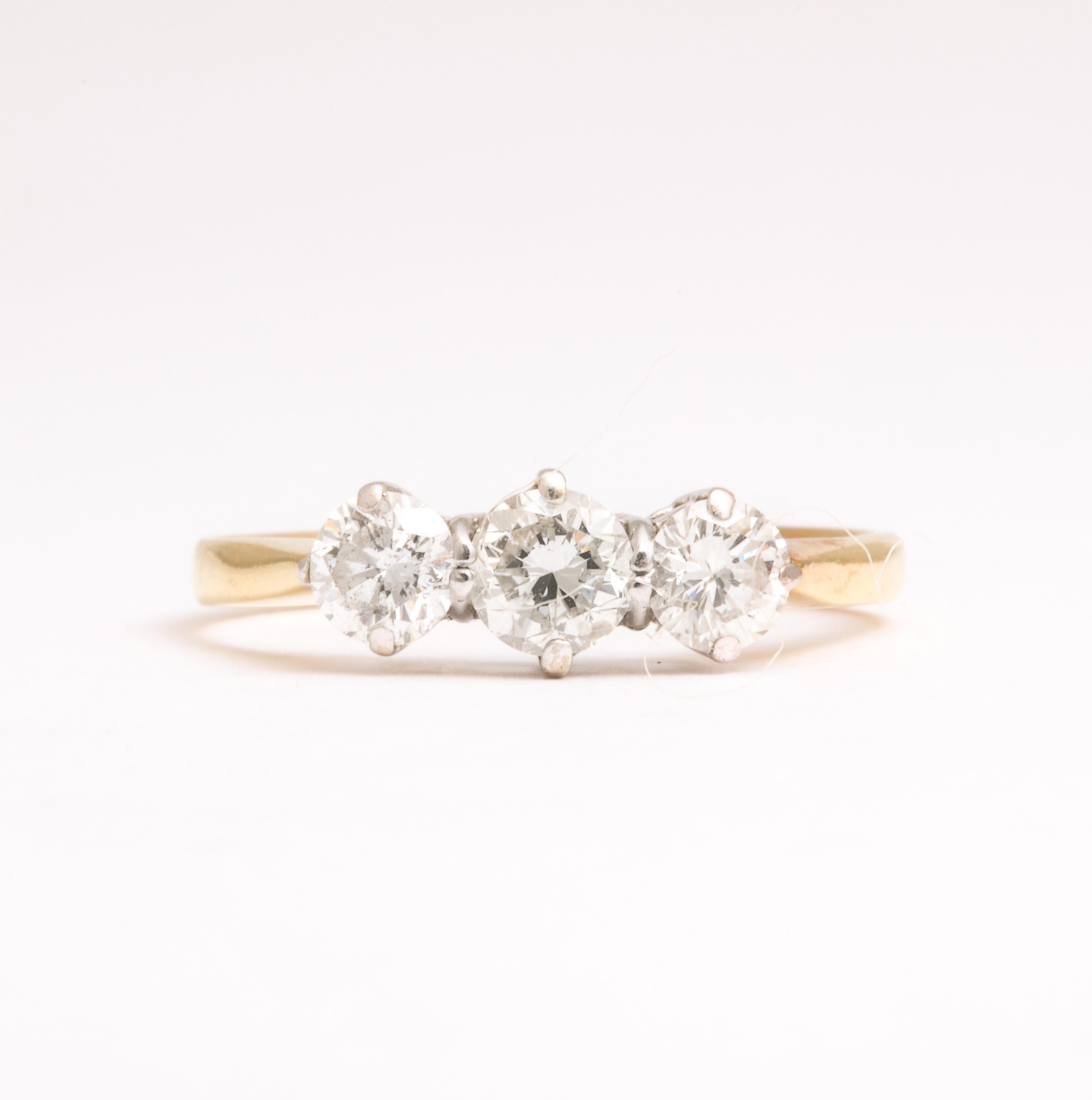 Round Cut Edwardian 18 Karat Gold Diamond Three Stone Ring For Sale