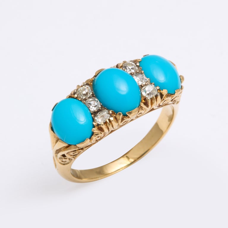 Oval Cut Edwardian 18kt Turquoise and Diamond Ring For Sale