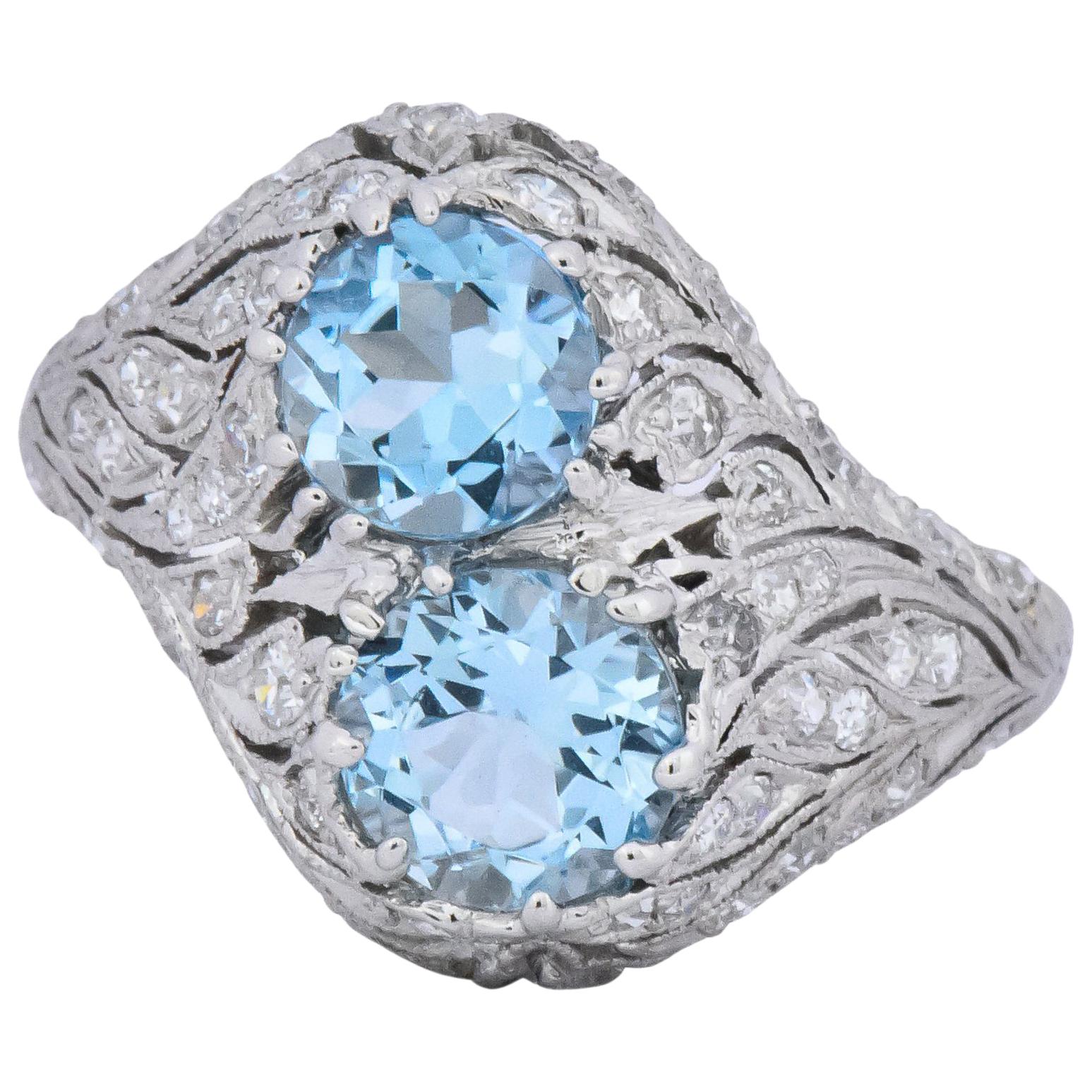 Edwardian 1.80 Carat Aquamarine Diamond Platinum Toi et Moi Ring