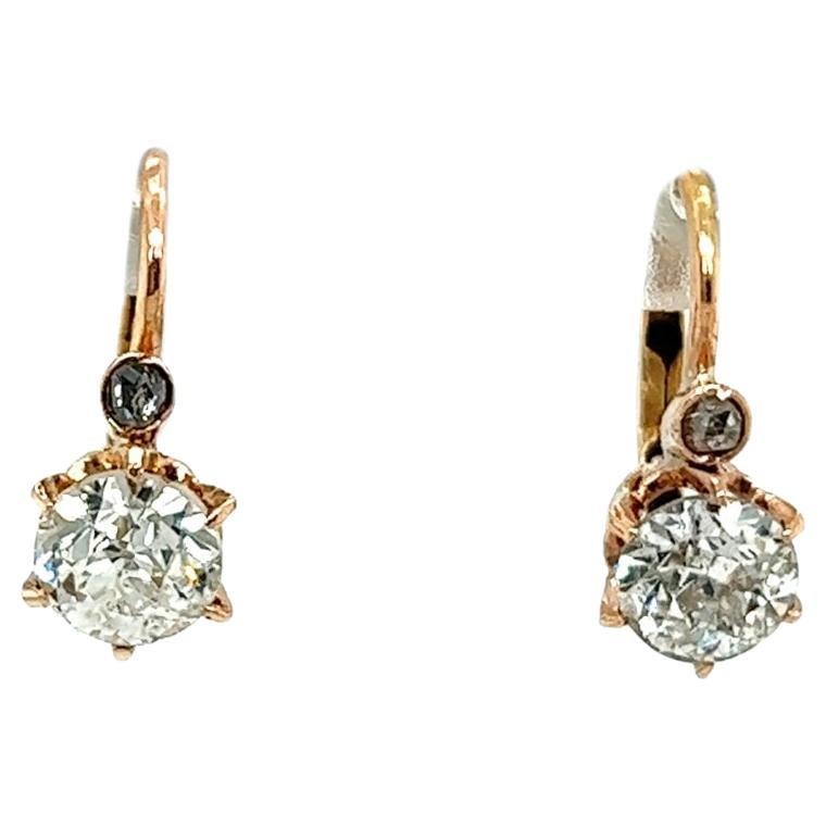 Boucles d
oreilles Edouardiennes en or rose avec diamants taille européenne 1,80 carat