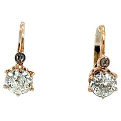 Edwardian 1.80 Carat Old European Cut Diamonds Rose Gold Drop Earrings