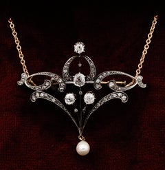 Edwardian 1.80 Carat Diamond Natural Pearl Lavaliere Necklace Brooch of Beauty