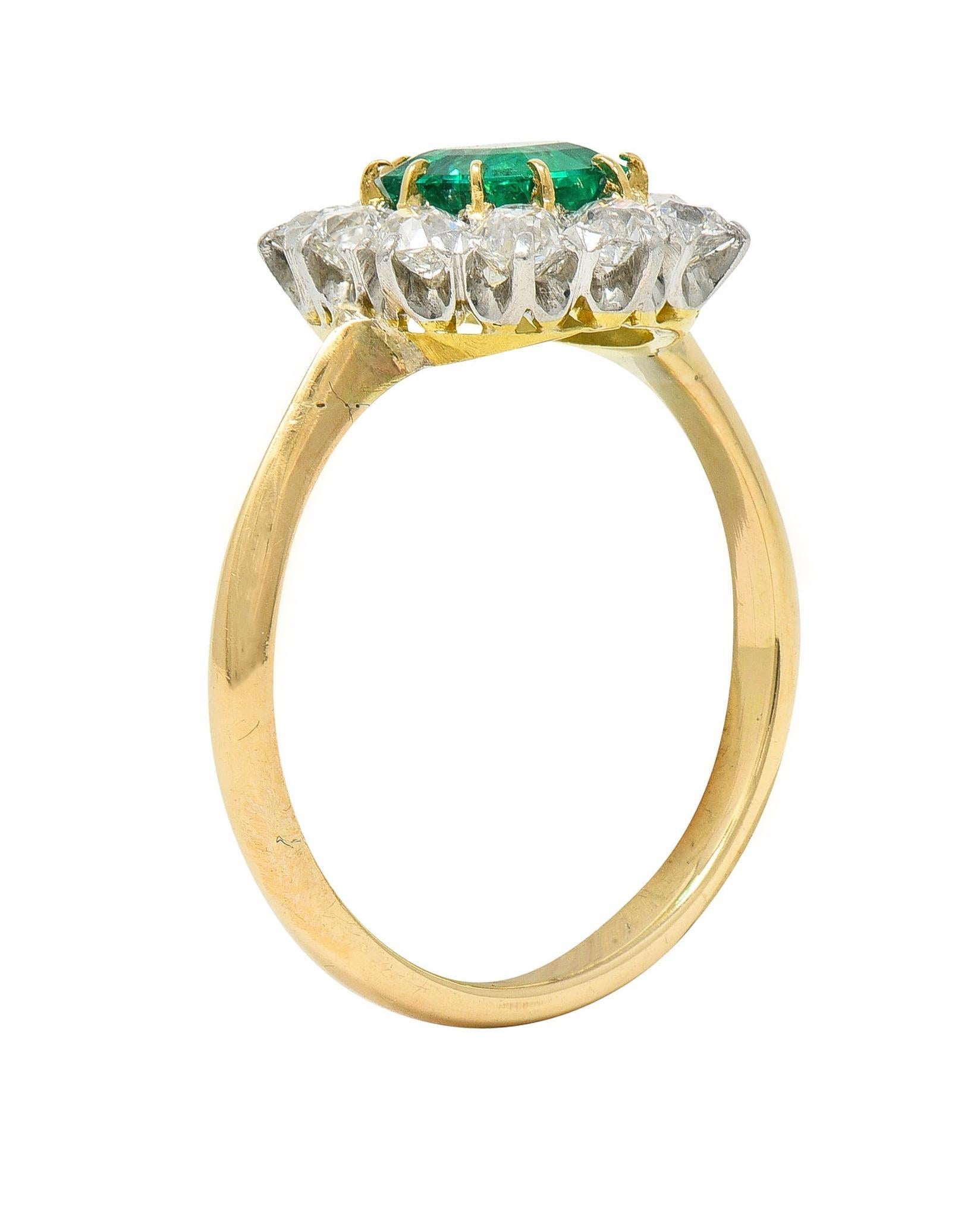 Edwardian 1.80 CTW Emerald Diamond Platinum 14K Yellow Gold Antique Halo Ring For Sale 5