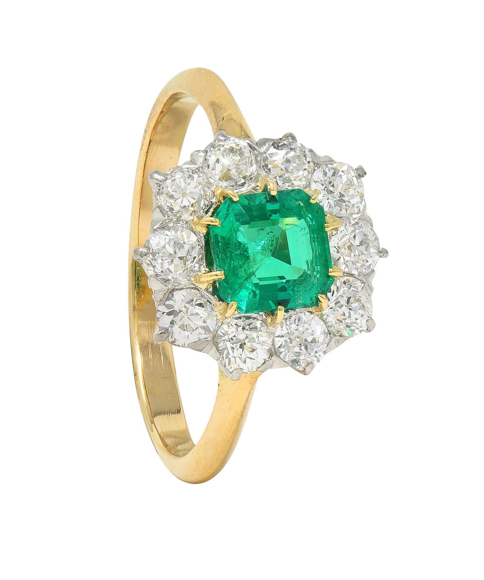 Edwardian 1.80 CTW Emerald Diamond Platinum 14K Yellow Gold Antique Halo Ring For Sale 6