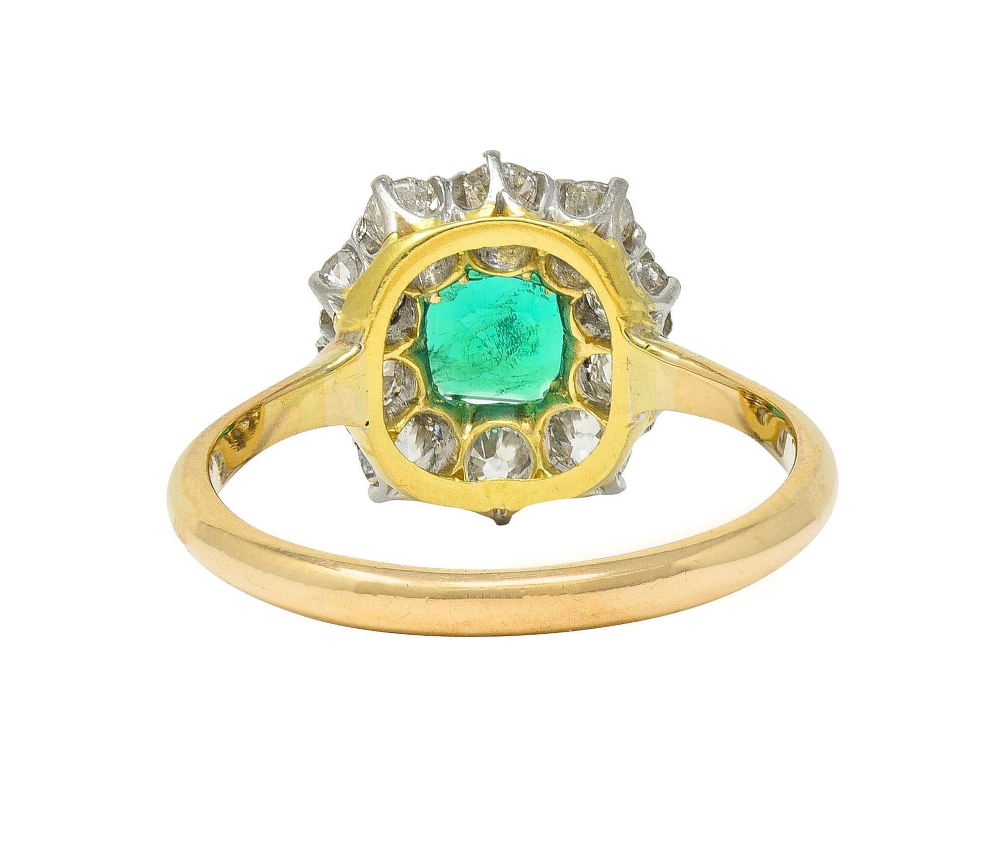 Women's or Men's Edwardian 1.80 CTW Emerald Diamond Platinum 14K Yellow Gold Antique Halo Ring For Sale