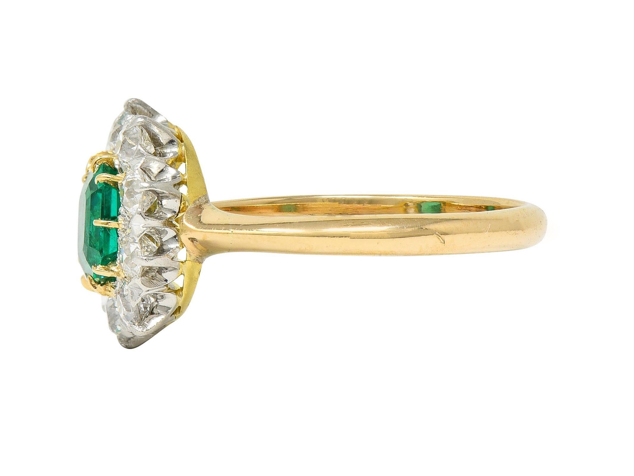 Edwardian 1.80 CTW Emerald Diamond Platinum 14K Yellow Gold Antique Halo Ring For Sale 1