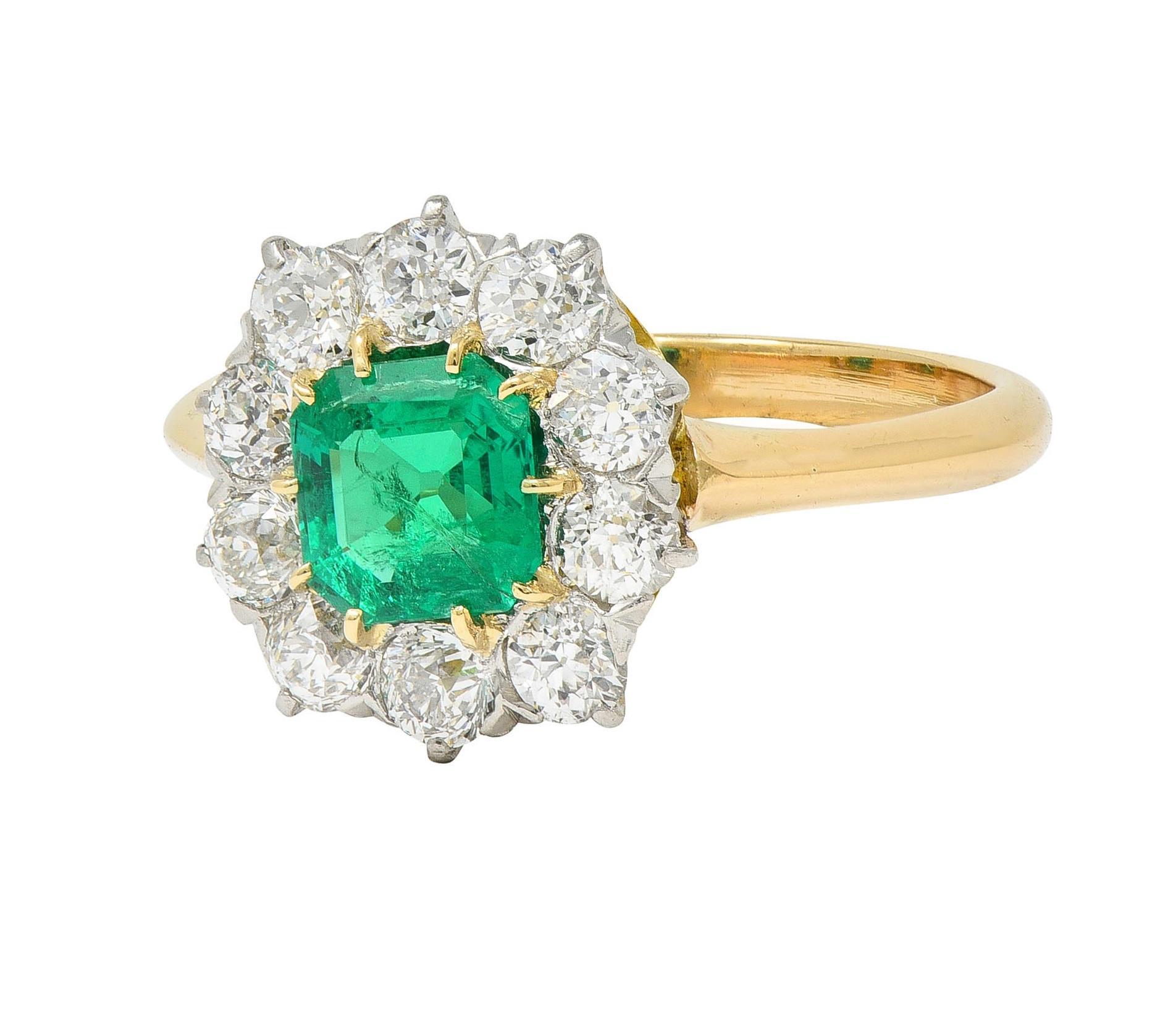 Edwardian 1.80 CTW Emerald Diamond Platinum 14K Yellow Gold Antique Halo Ring For Sale 2