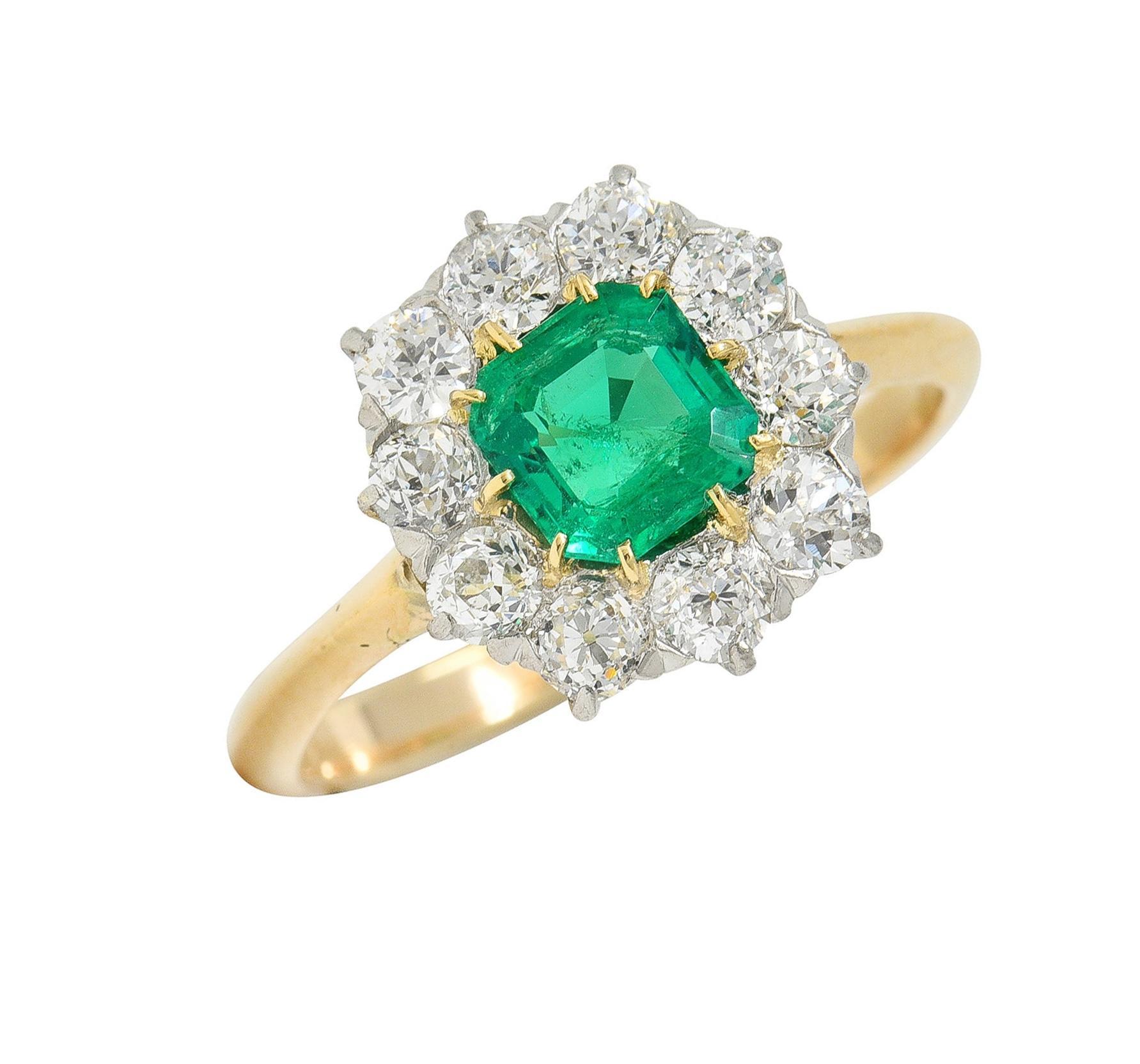 Edwardian 1.80 CTW Emerald Diamond Platinum 14K Yellow Gold Antique Halo Ring For Sale 3