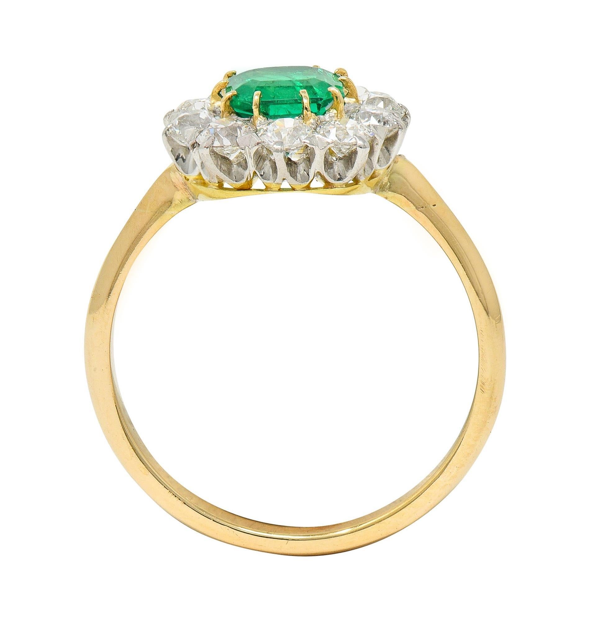 Edwardian 1.80 CTW Emerald Diamond Platinum 14K Yellow Gold Antique Halo Ring For Sale 4