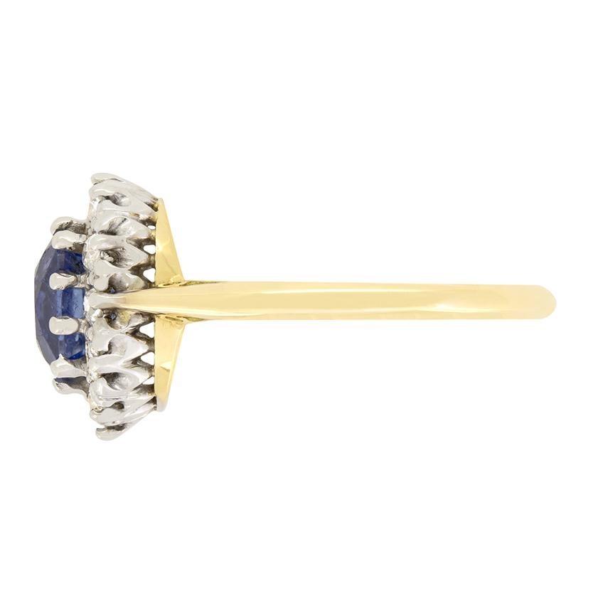 Antique Cushion Cut Edwardian 1.80ct Sapphire and Diamond Cluster Ring, c.1910s