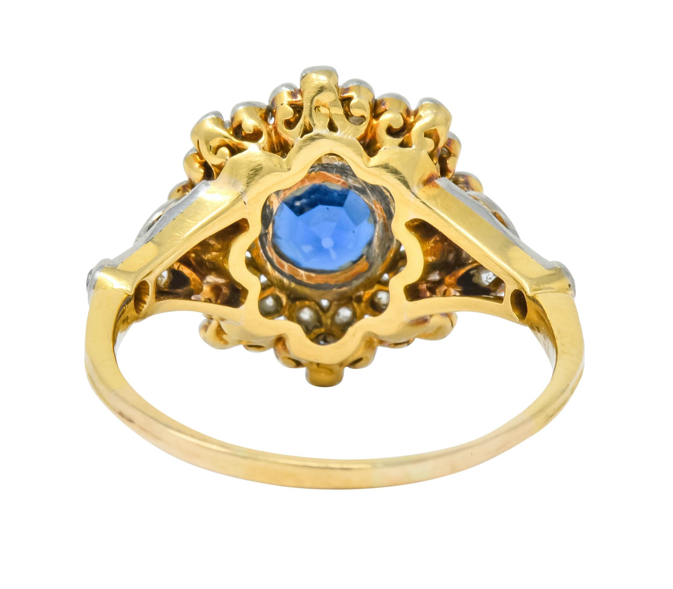 Edwardian 1.85 Carat No Heat Sapphire Diamond Platinum 18 Karat Gold Floral Ring In Excellent Condition In Philadelphia, PA