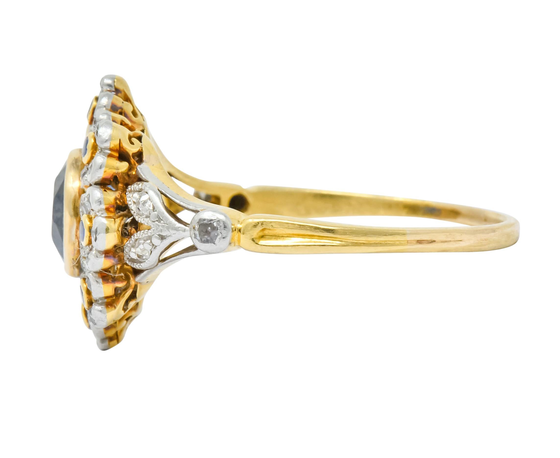 Women's or Men's Edwardian 1.85 Carat No Heat Sapphire Diamond Platinum 18 Karat Gold Floral Ring