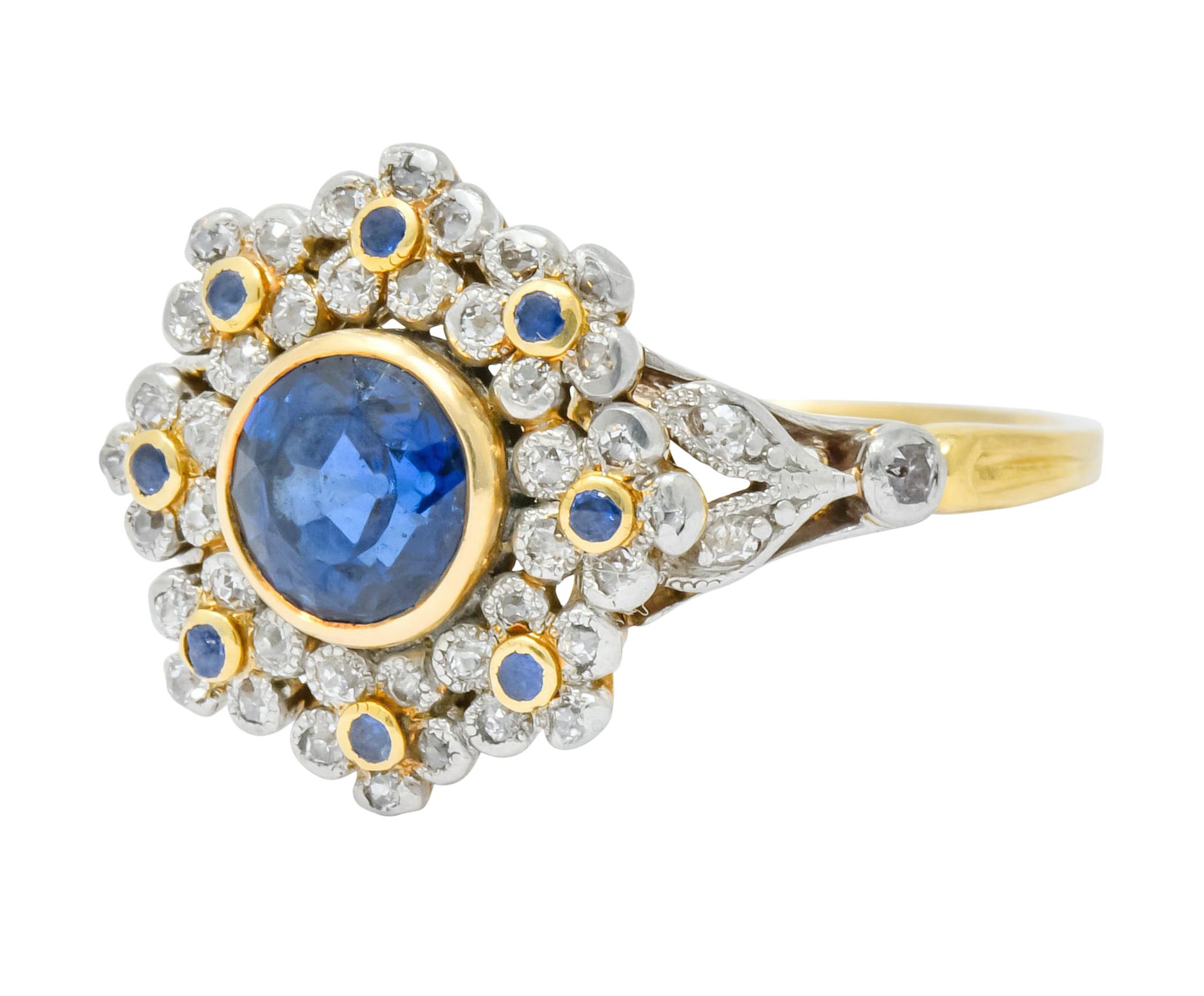 Edwardian 1.85 Carat No Heat Sapphire Diamond Platinum 18 Karat Gold Floral Ring 1