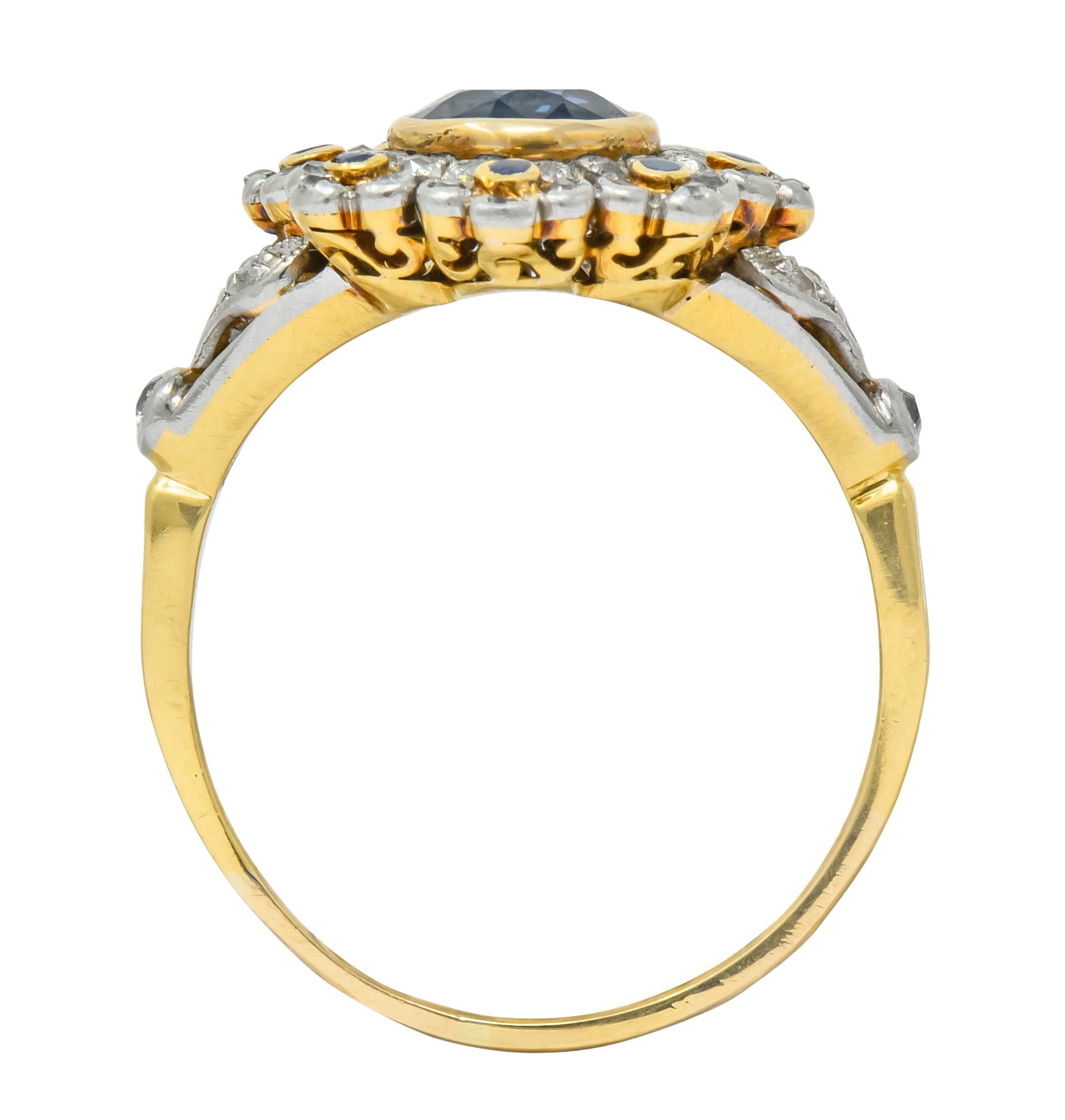 Edwardian 1.85 Carat No Heat Sapphire Diamond Platinum 18 Karat Gold Floral Ring 2