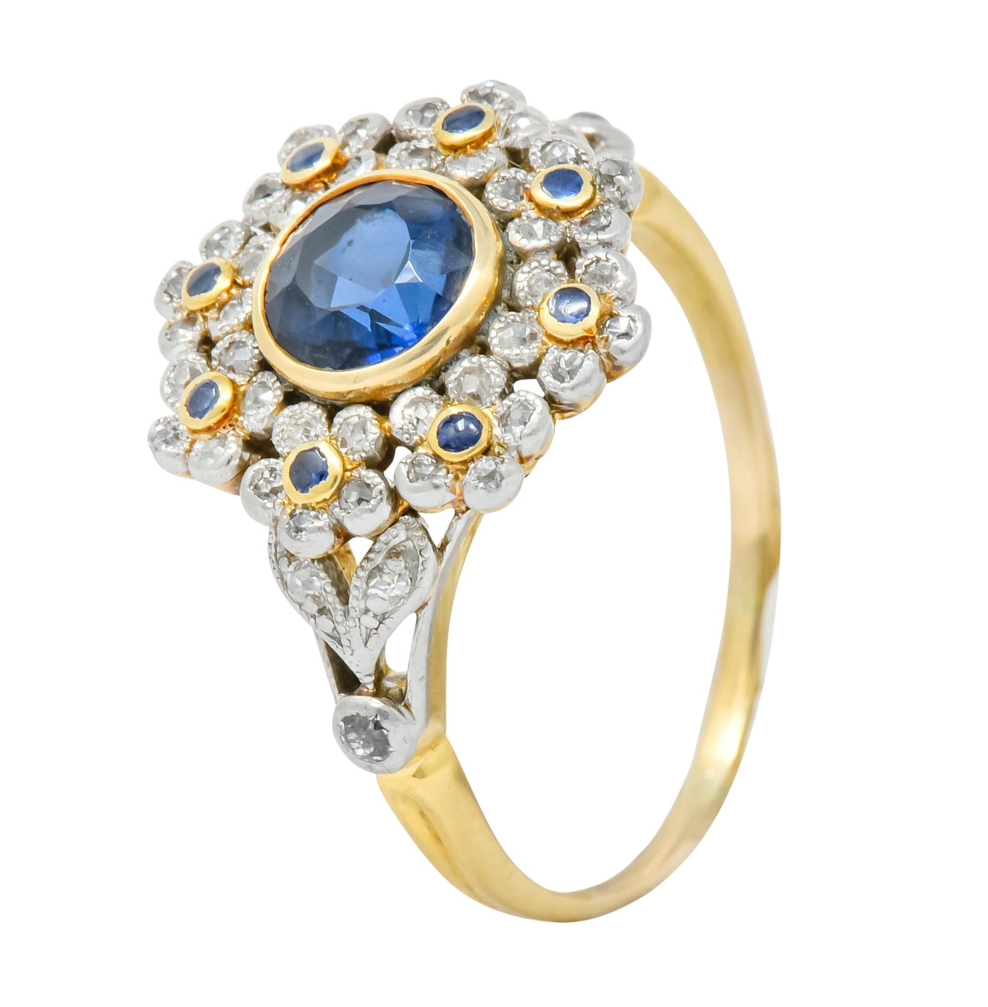 Edwardian 1.85 Carat No Heat Sapphire Diamond Platinum 18 Karat Gold Floral Ring 3
