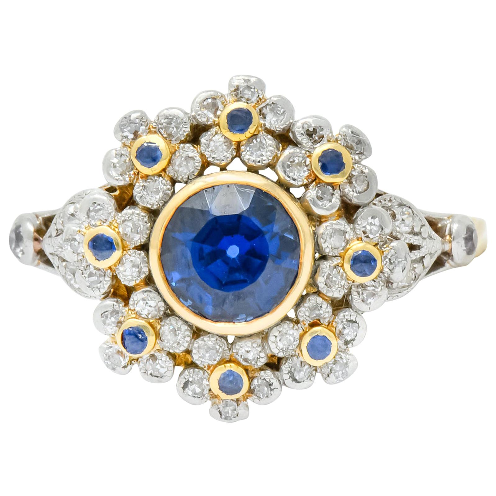 Edwardian 1.85 Carat No Heat Sapphire Diamond Platinum 18 Karat Gold Floral Ring