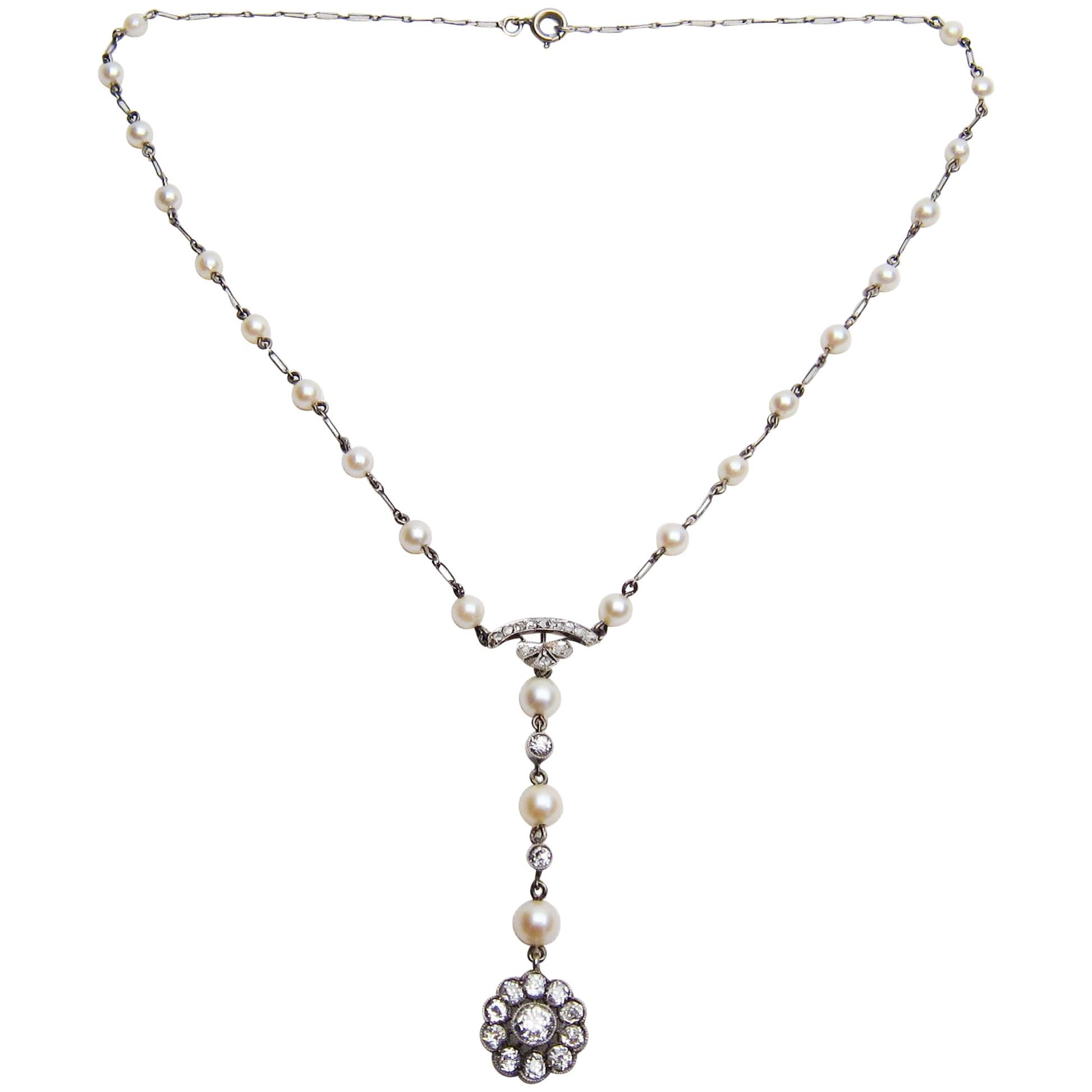 Edwardian 1.85 Carat Old European Diamond and Cultured Pearl Cluster Pendant For Sale