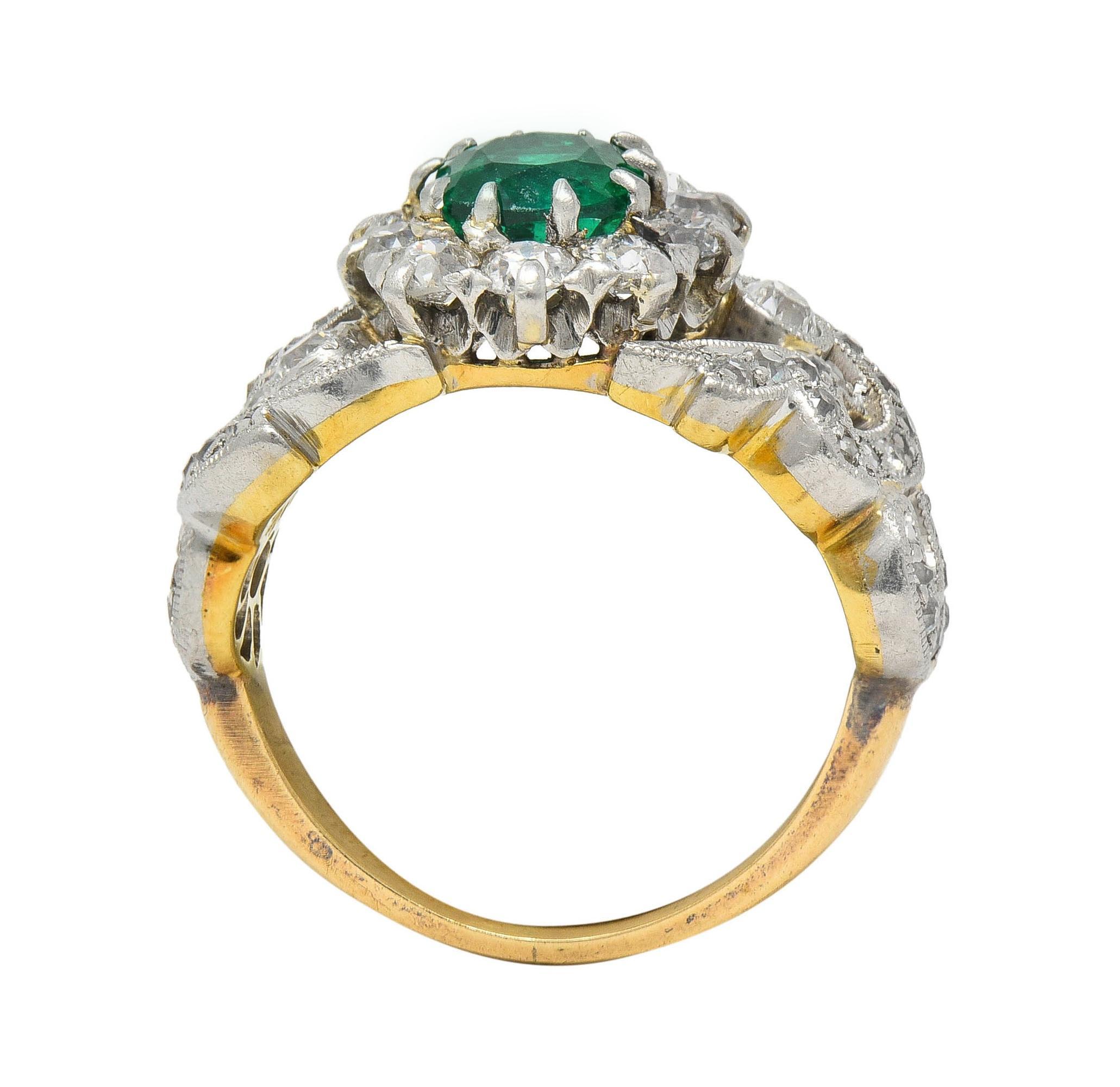 Edwardian 1.85 CTW Emerald Diamond Platinum 14 Karat Gold Antique Halo Ring For Sale 5