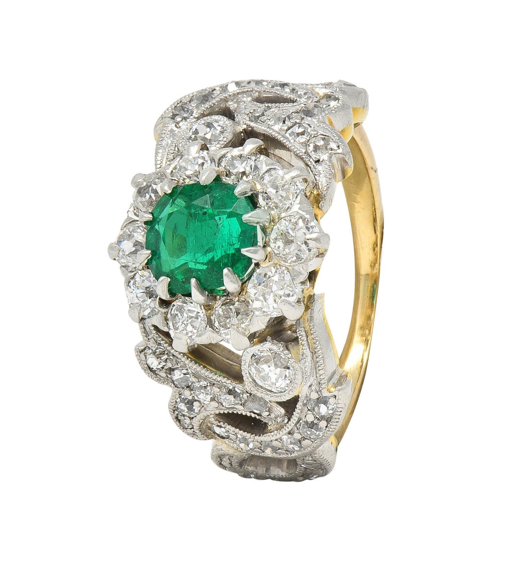 Edwardian 1.85 CTW Emerald Diamond Platinum 14 Karat Gold Antique Halo Ring For Sale 6