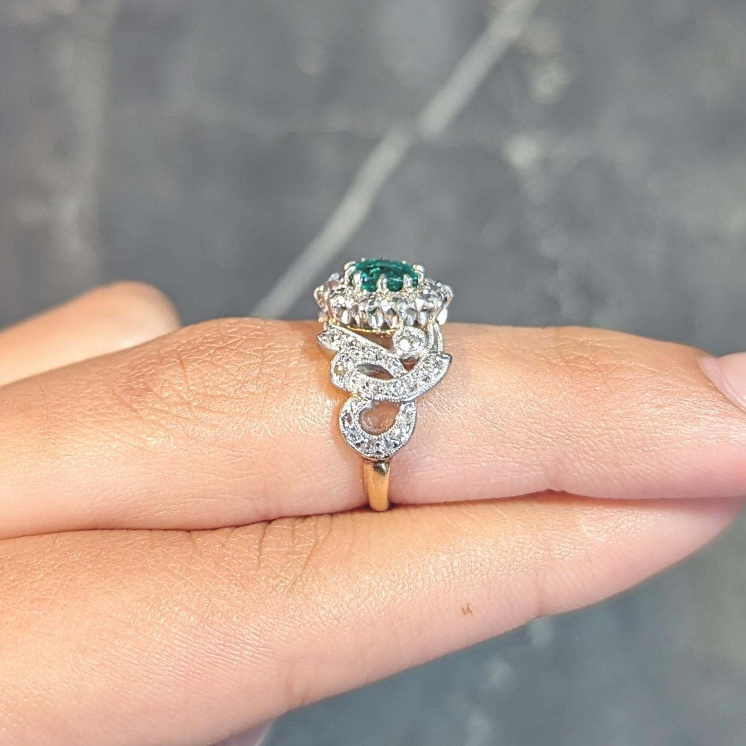 Edwardian 1.85 CTW Emerald Diamond Platinum 14 Karat Gold Antique Halo Ring For Sale 6