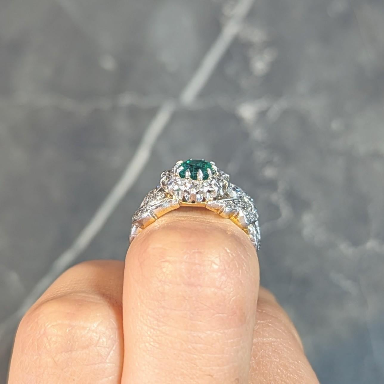 Edwardian 1.85 CTW Emerald Diamond Platinum 14 Karat Gold Antique Halo Ring For Sale 8