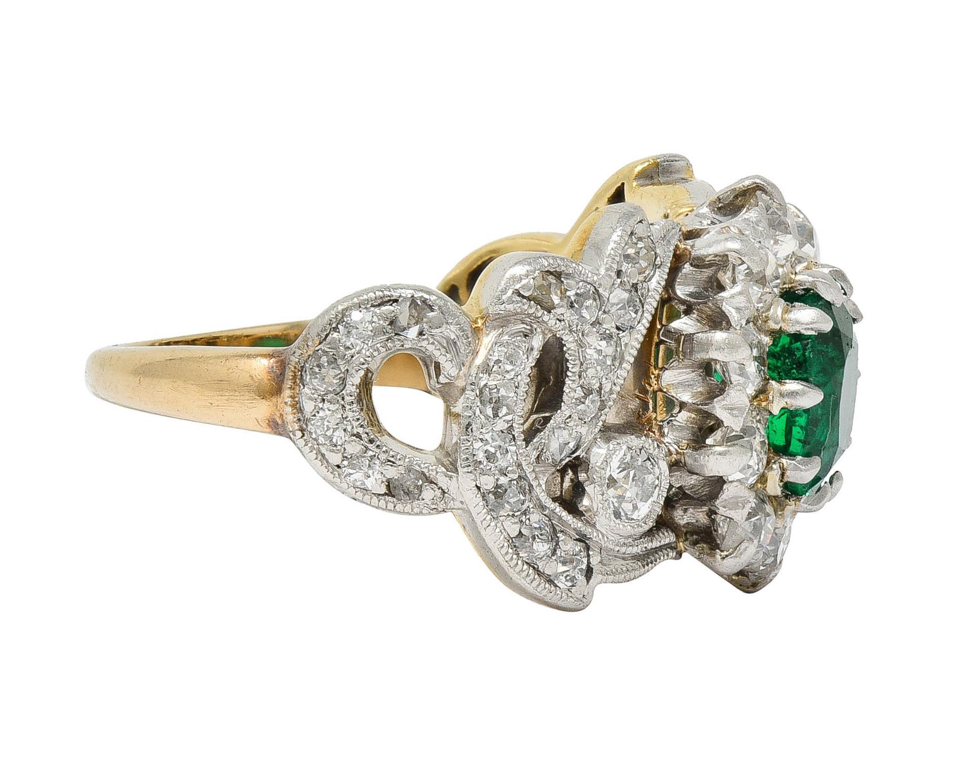 Edwardian 1.85 CTW Emerald Diamond Platinum 14 Karat Gold Antique Halo Ring In Excellent Condition For Sale In Philadelphia, PA