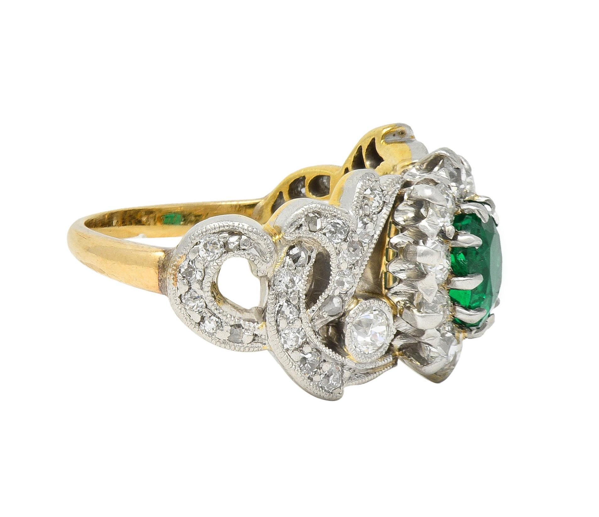 Women's or Men's Edwardian 1.85 CTW Emerald Diamond Platinum 14 Karat Gold Antique Halo Ring For Sale
